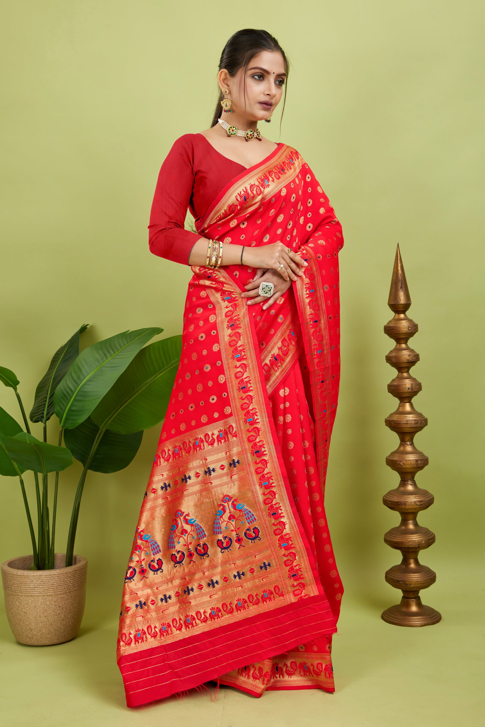 Red Minakari Paithani Silk Saree