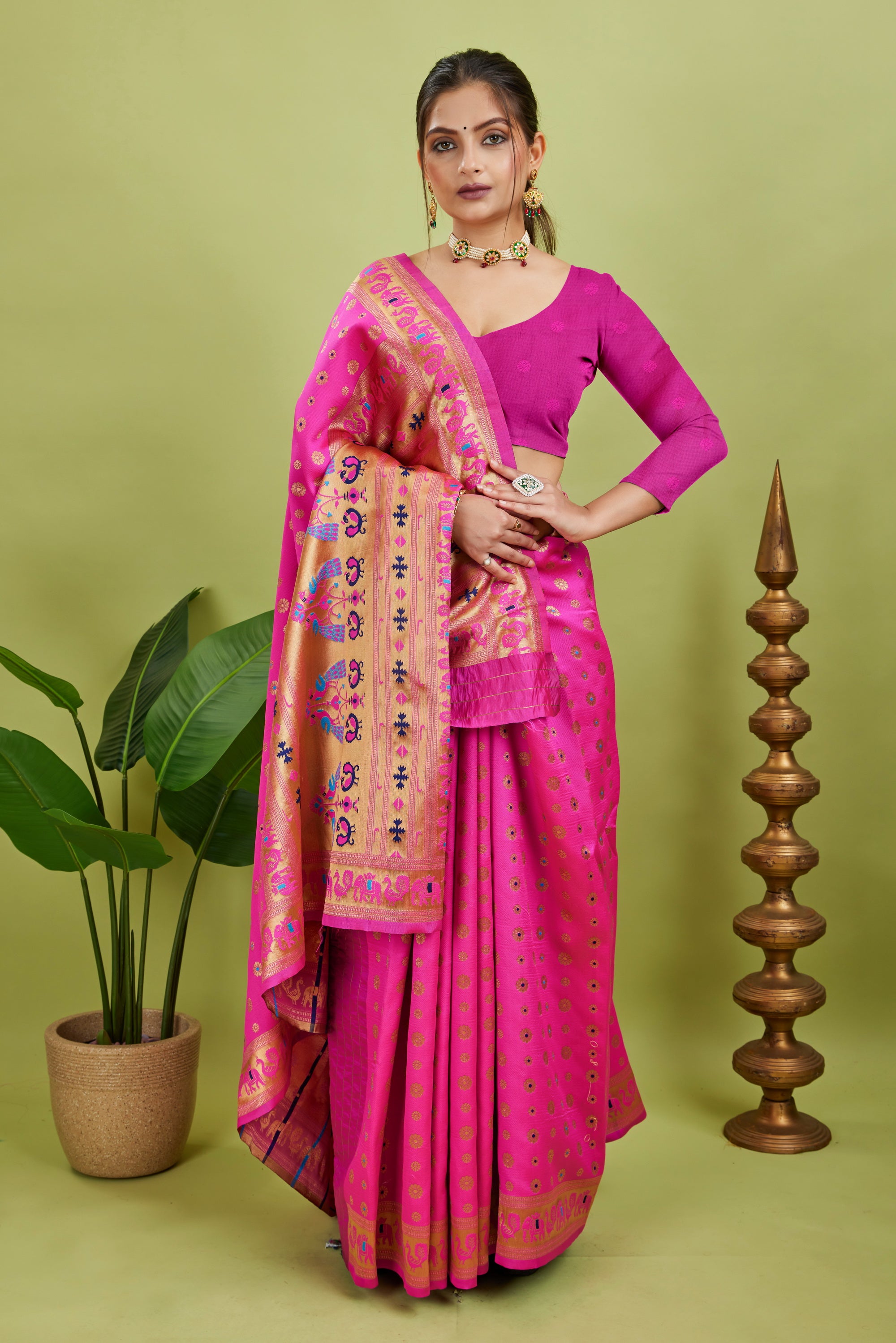 Dark Pink Minakari Paithani Silk Saree