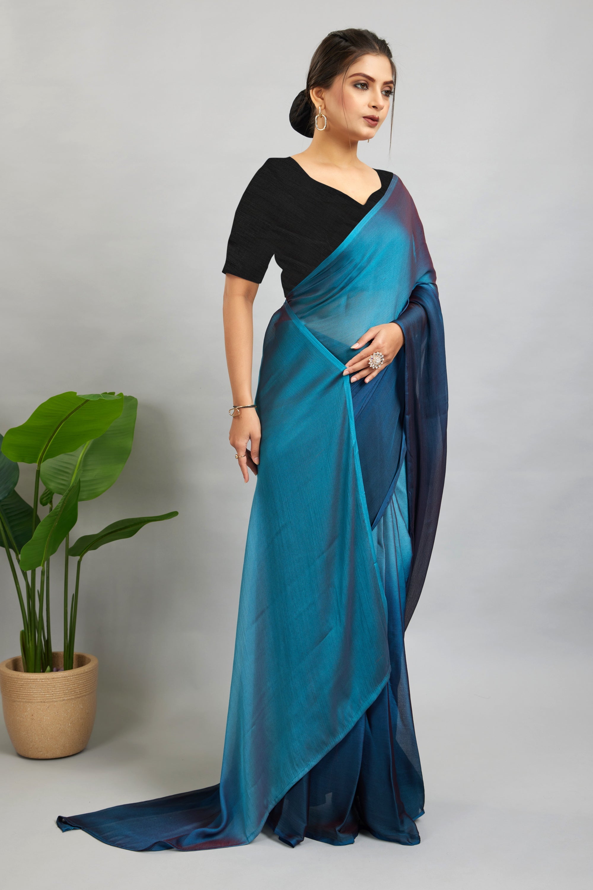 Blue Ready To Wear Two Toned Nylon Silk Saree