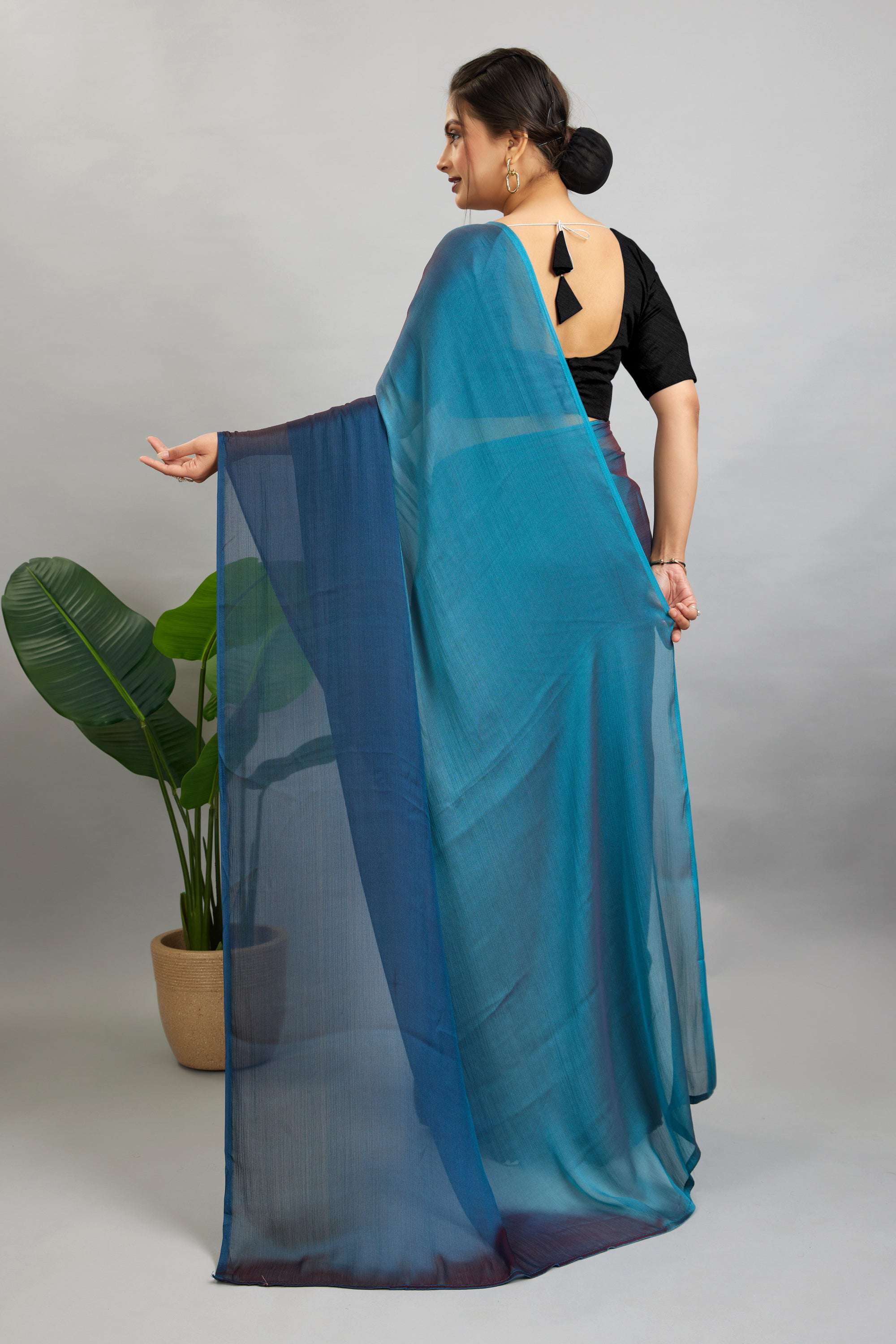 Blue Ready To Wear Two Toned Nylon Silk Saree
