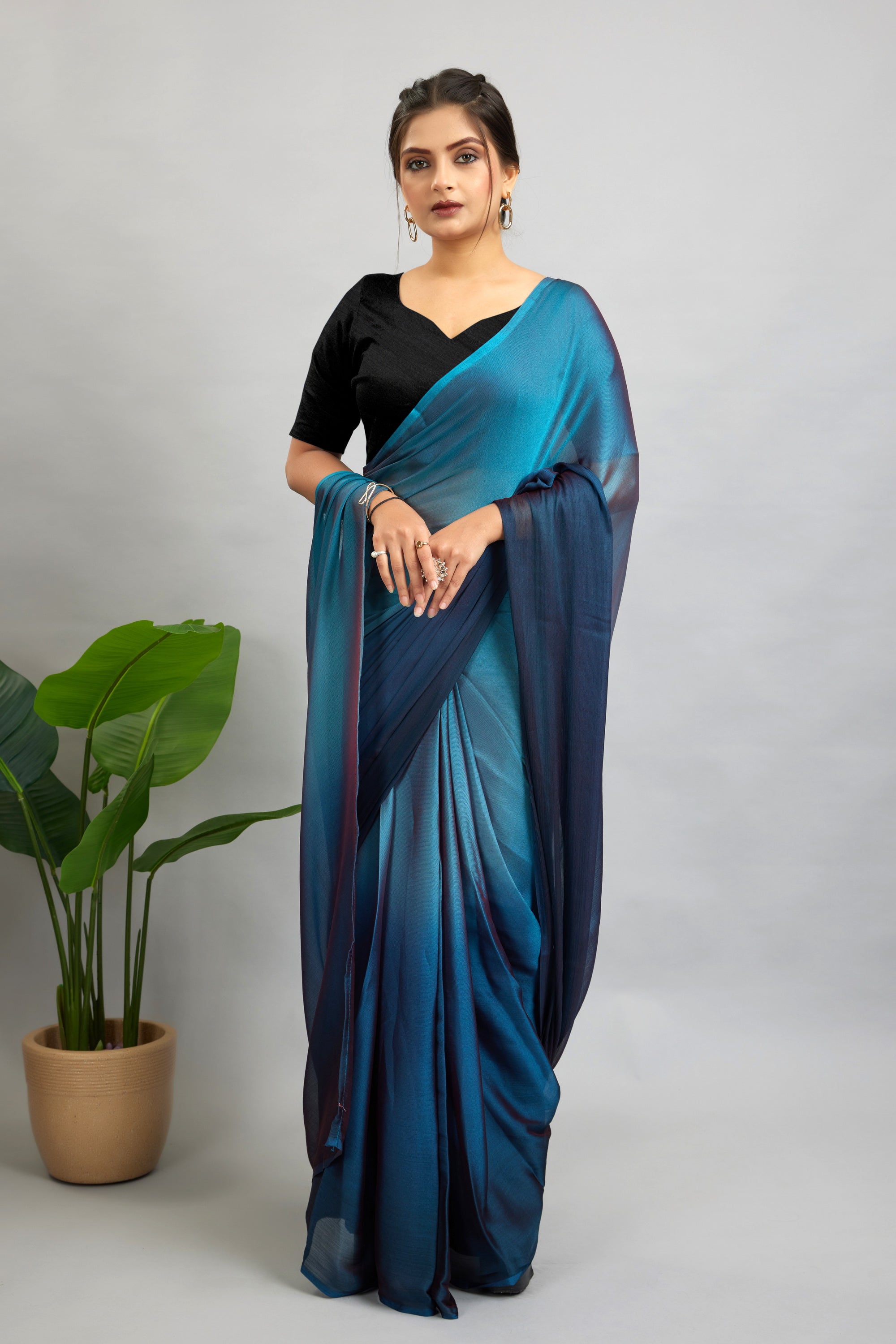 Blue Ready To Wear Two Toned Nylon Silk Saree