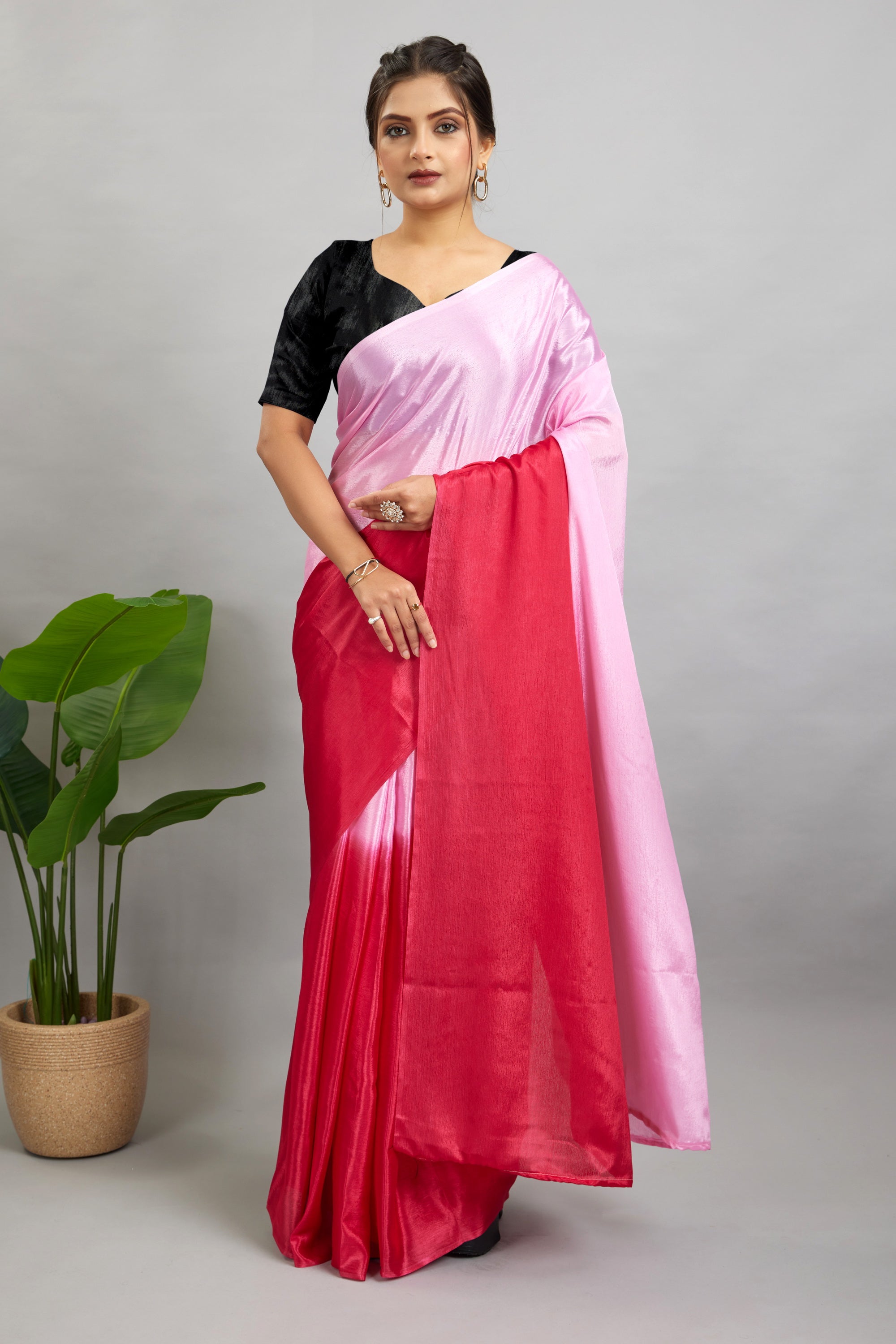 Baby Pink Ready To Wear Two Toned Chinon Silk Saree
