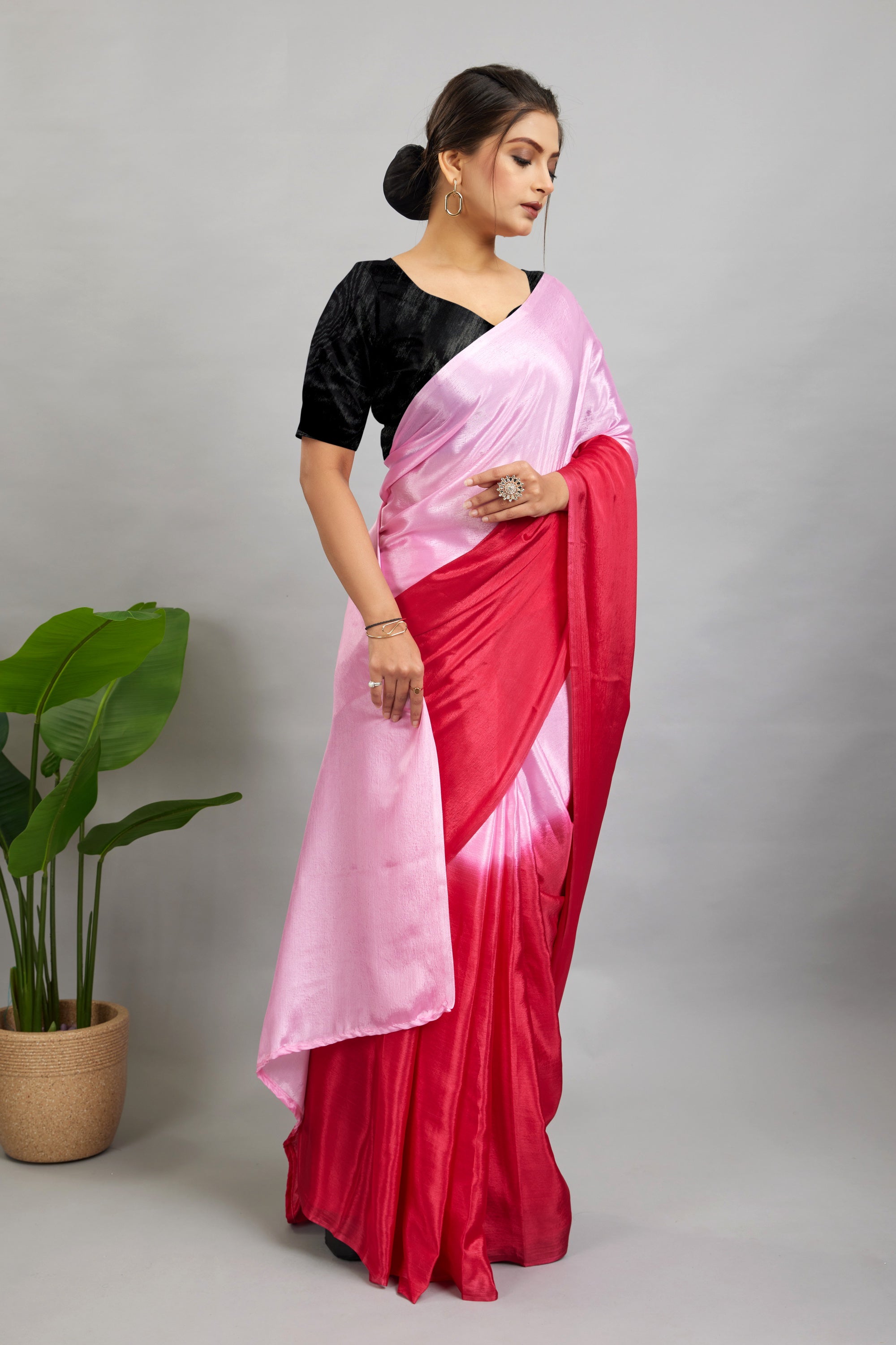 Baby Pink Ready To Wear Two Toned Chinon Silk Saree
