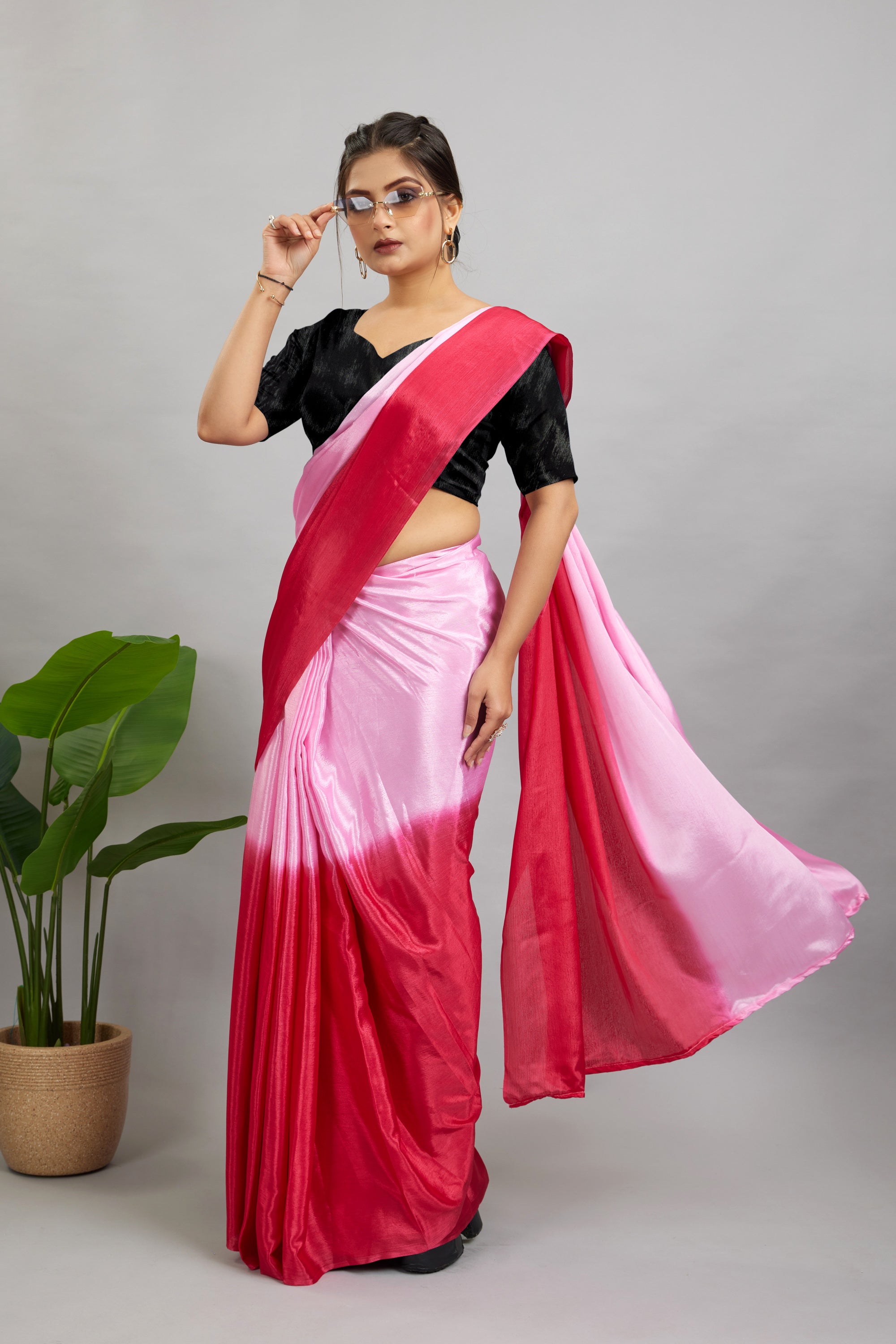 Baby Pink Ready To Wear Two Toned Chinon Silk Saree