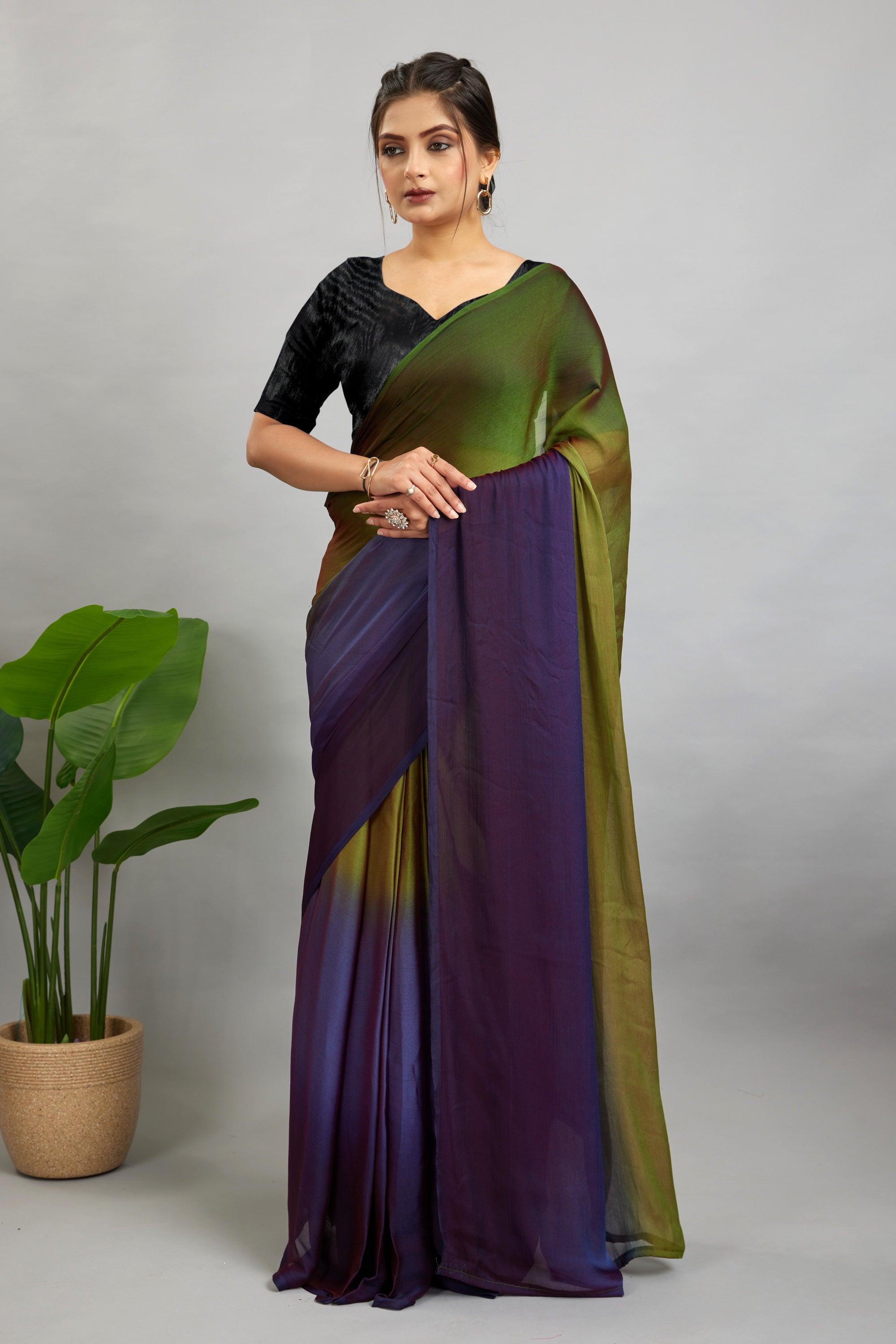 Green Ready To Wear Two Toned Nylon Silk Saree