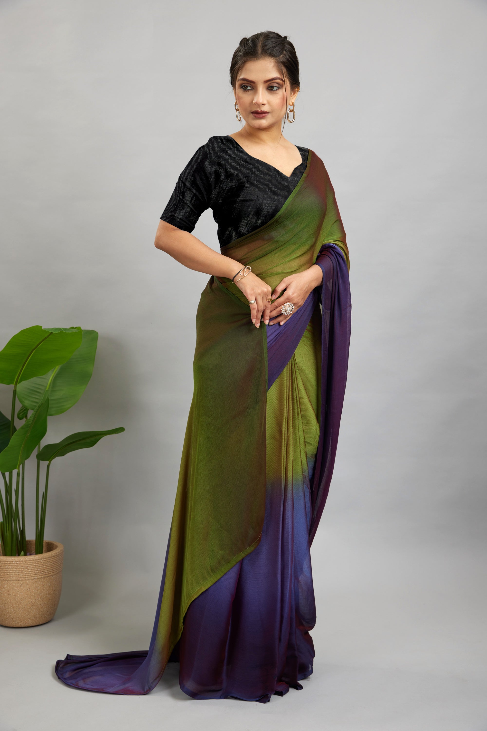 Green Ready To Wear Two Toned Nylon Silk Saree