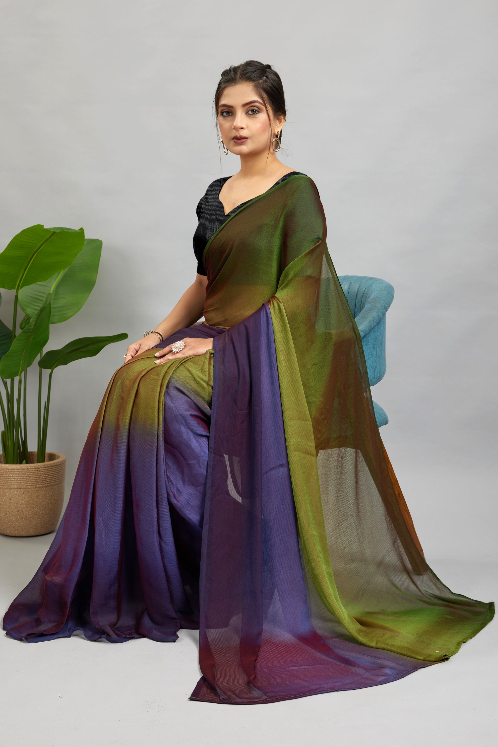 Green Ready To Wear Two Toned Nylon Silk Saree