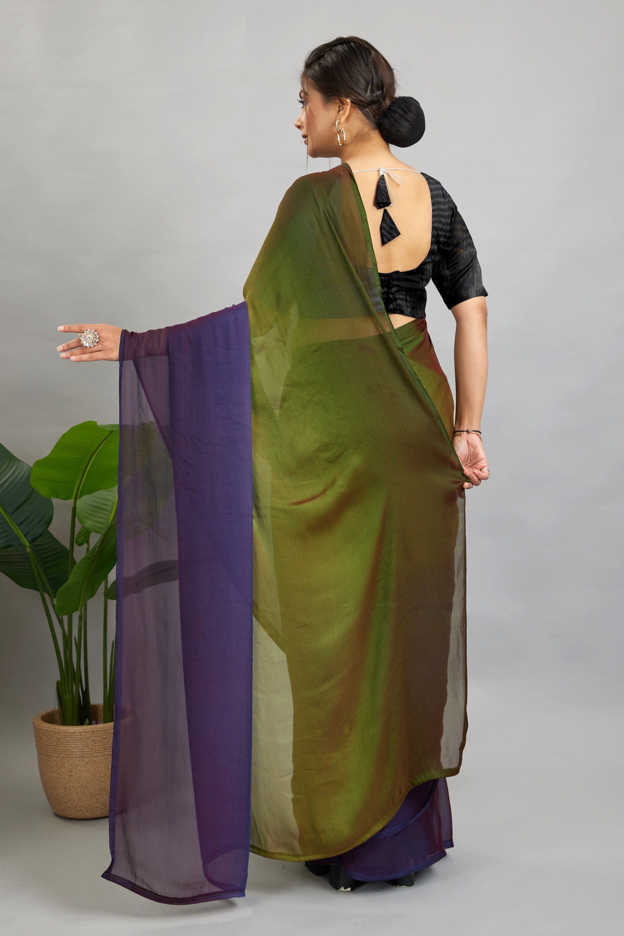 Green Ready To Wear Two Toned Nylon Silk Saree