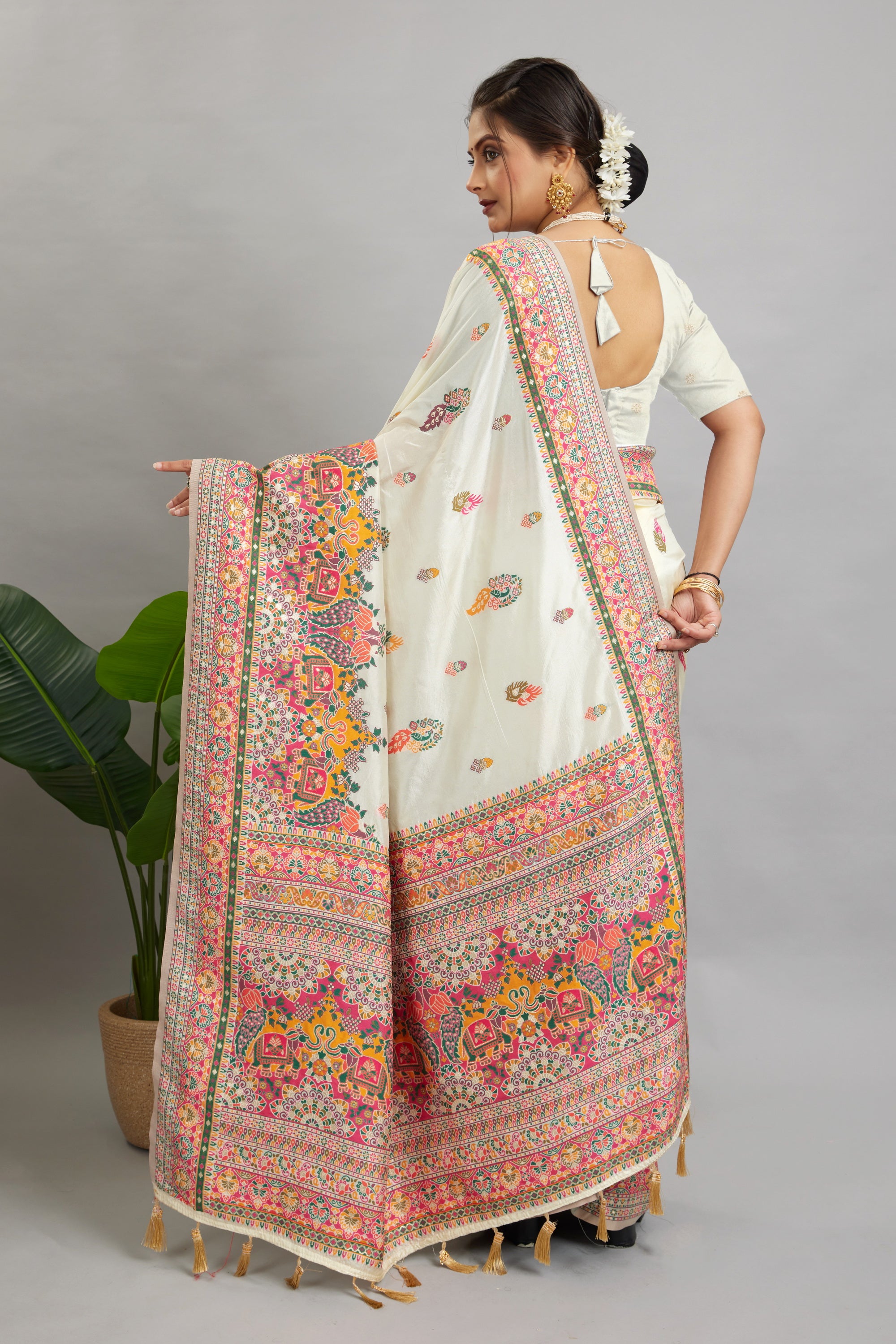 White Rajwadi Pashmina Silk Saree