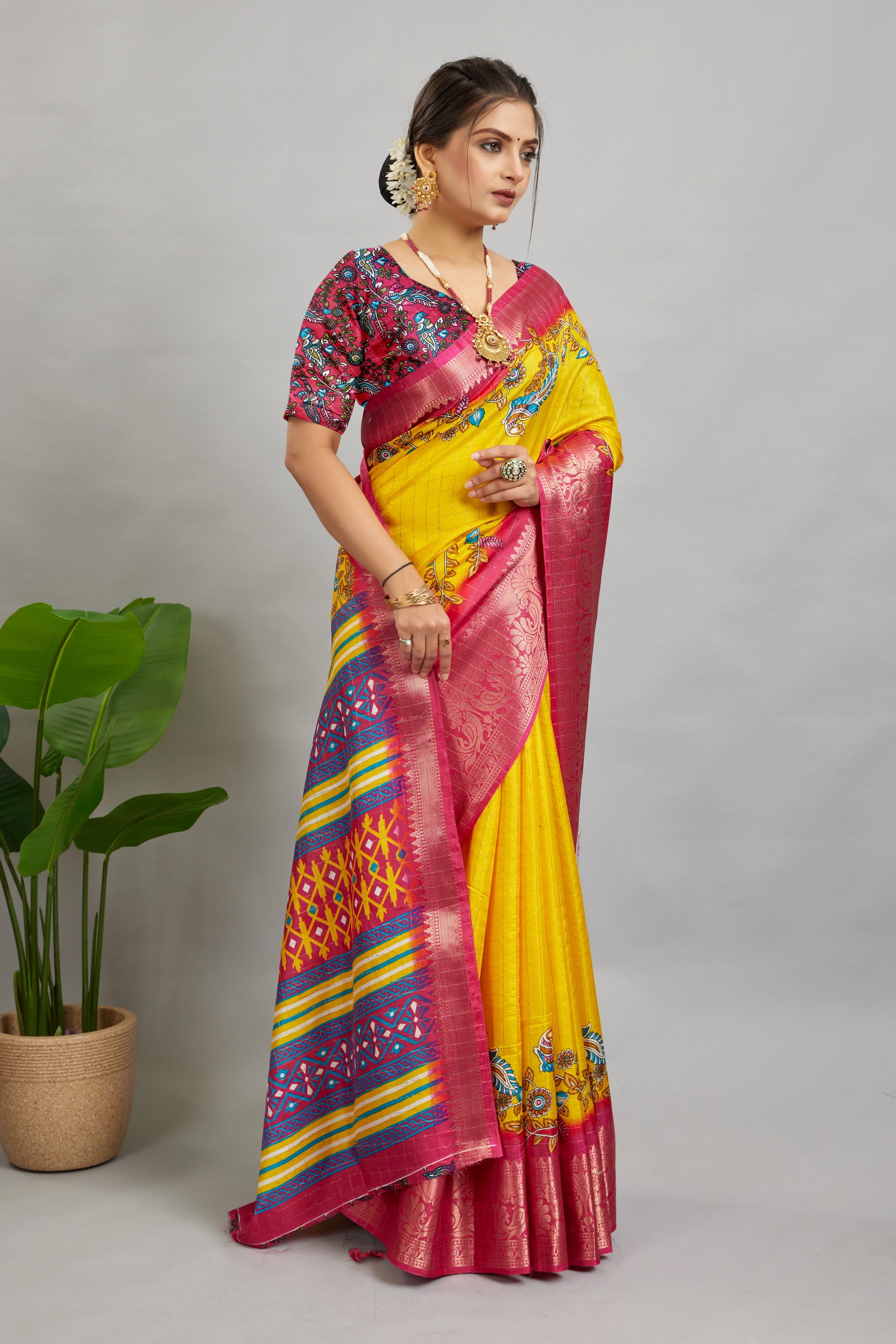 Yellow Digital Printed Cotton Silk Saree