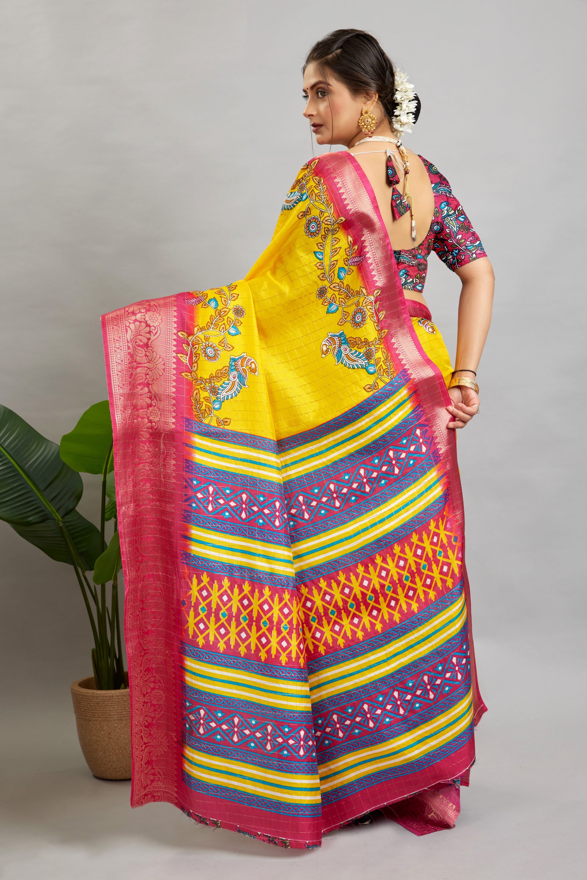 Yellow Digital Printed Cotton Silk Saree