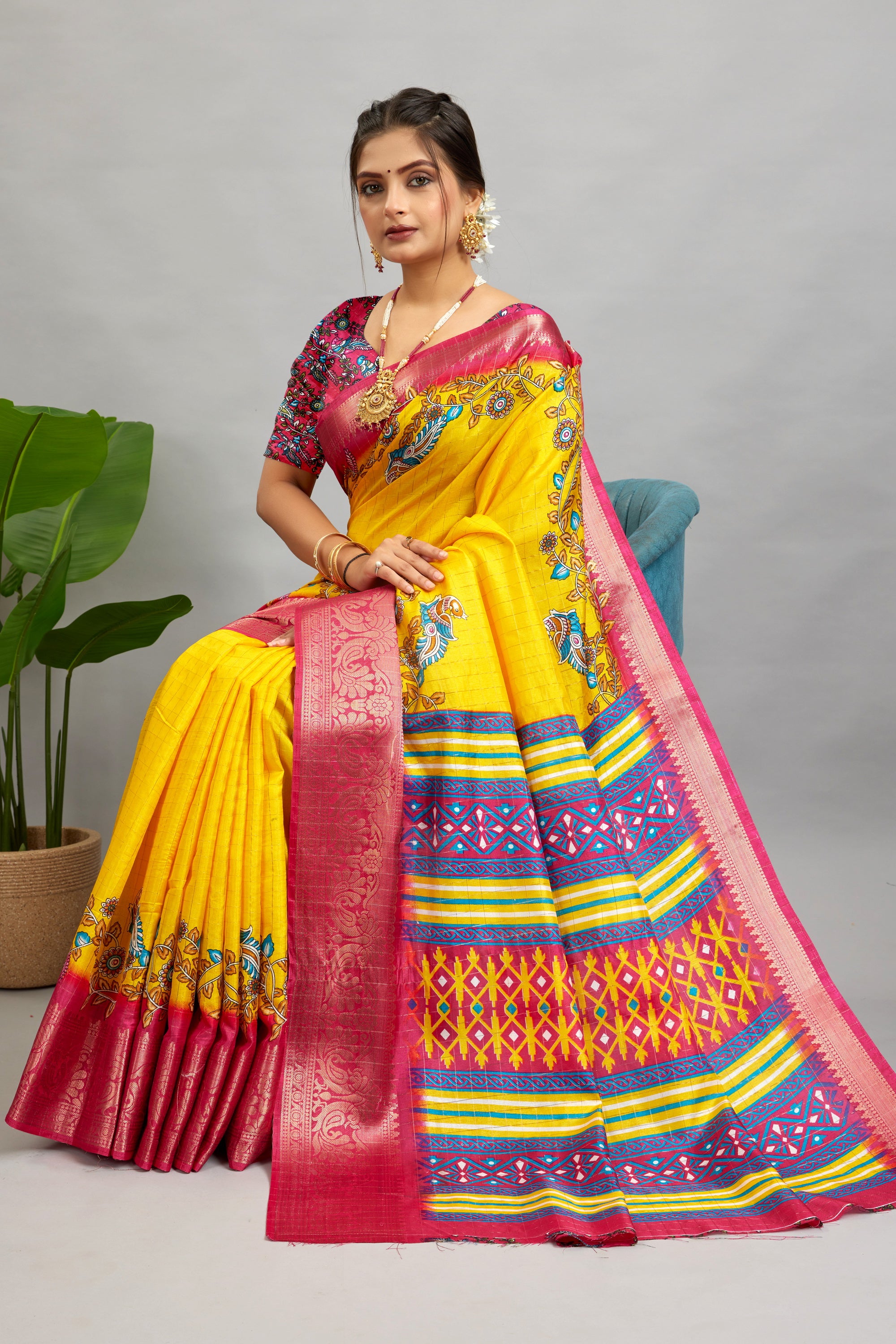 Yellow Digital Printed Cotton Silk Saree