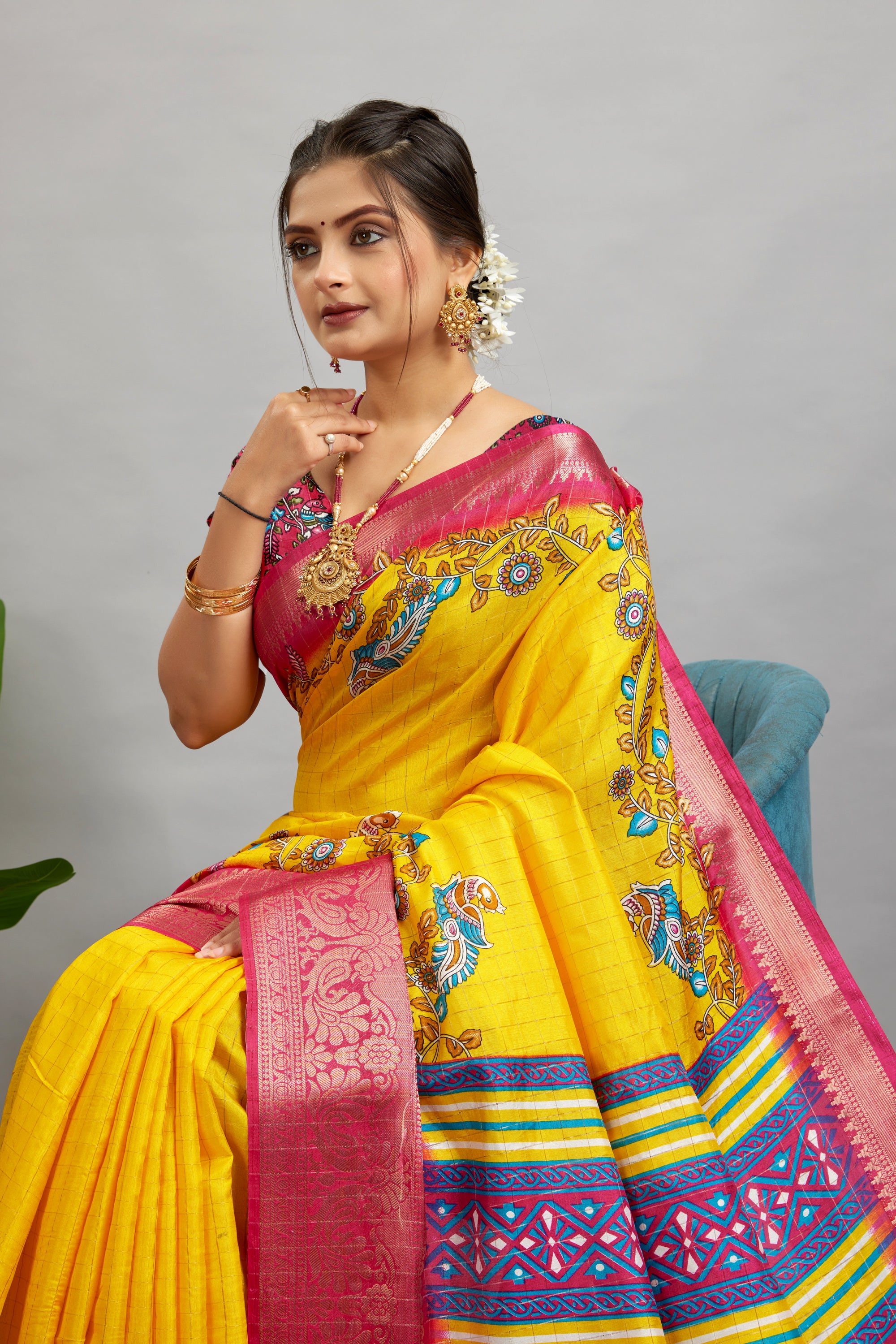 Yellow Digital Printed Cotton Silk Saree