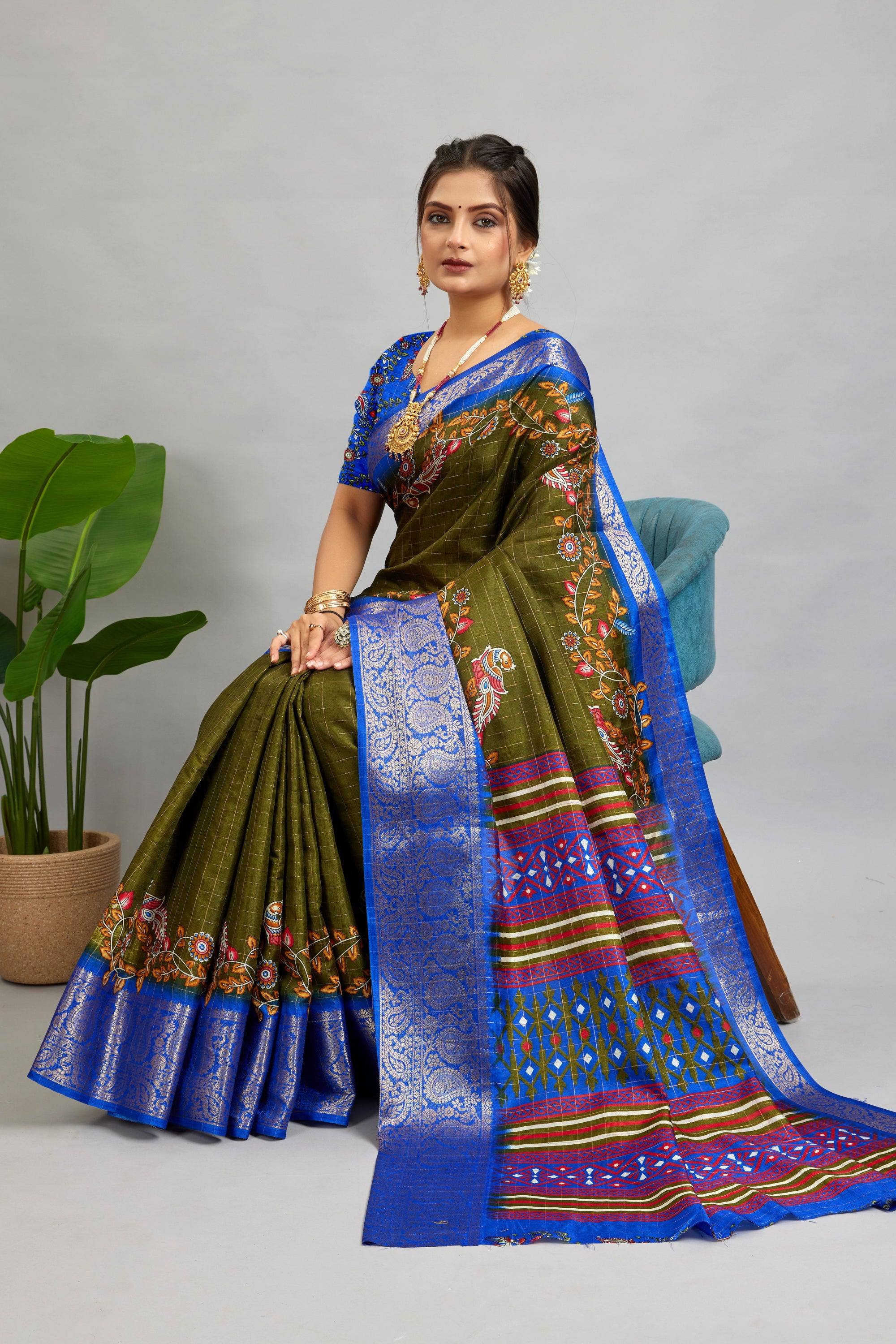 Brown Digital Printed Cotton Silk Saree