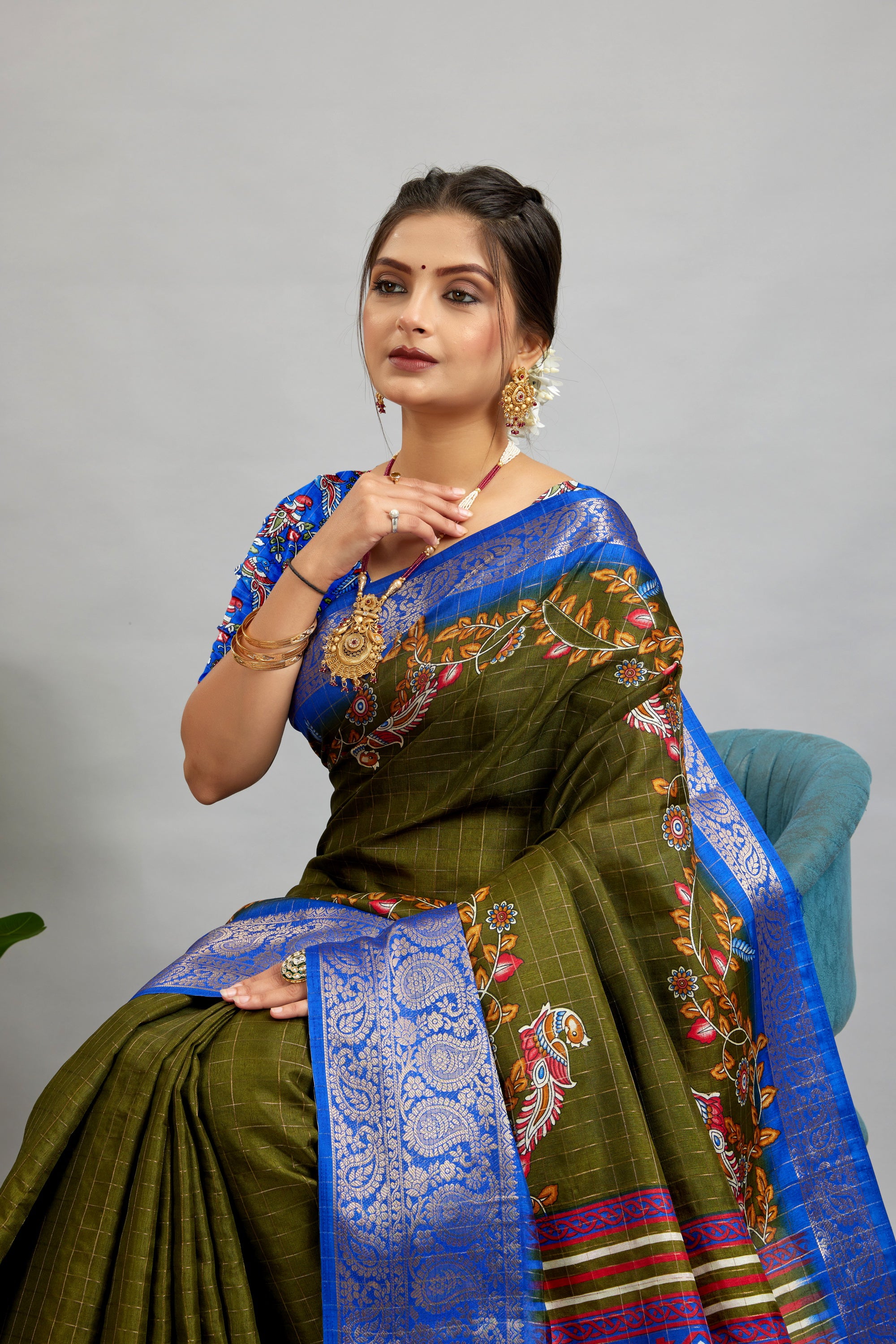 Brown Digital Printed Cotton Silk Saree