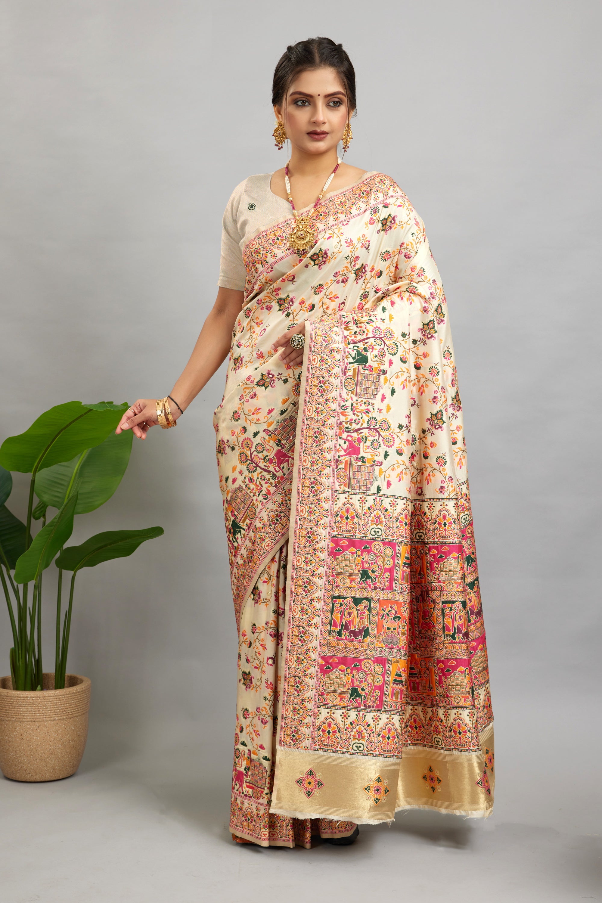 White Minakari Banarasi Saree