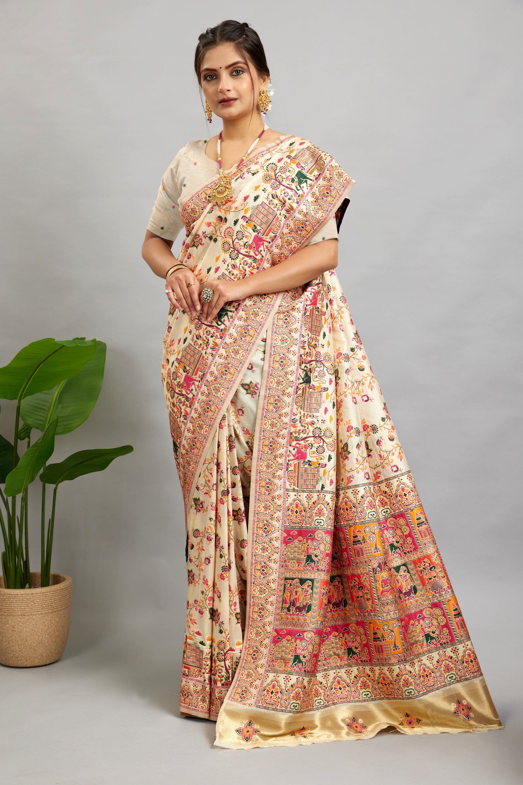 White Minakari Banarasi Saree