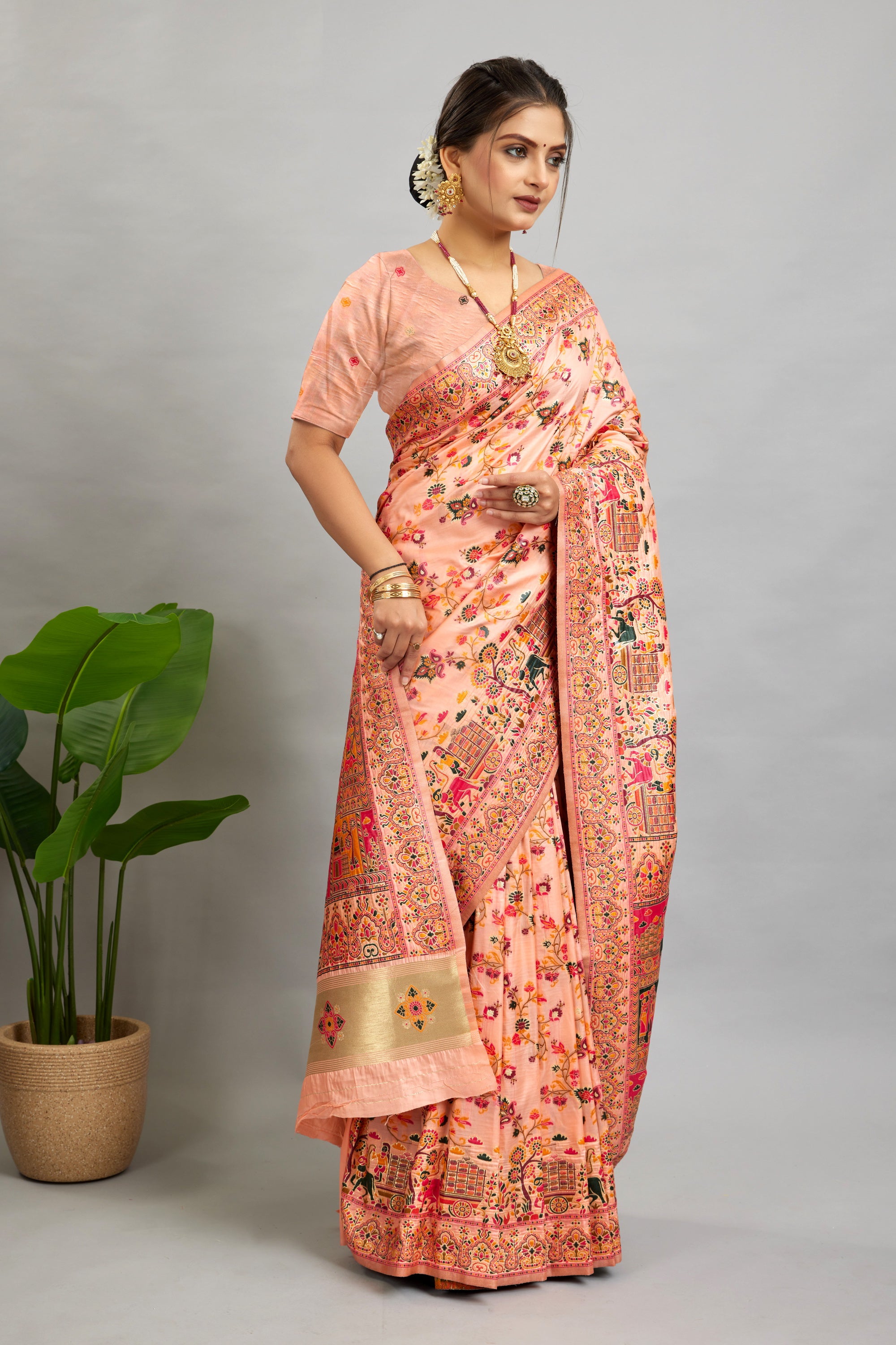 Peach Minakari Banarasi Saree