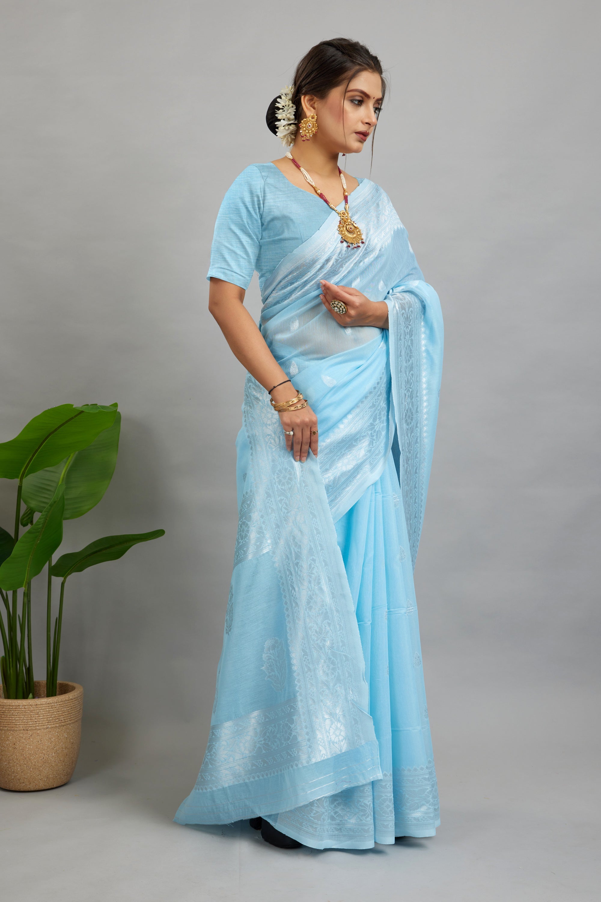 Light Blue Woven Cotton Silk Saree