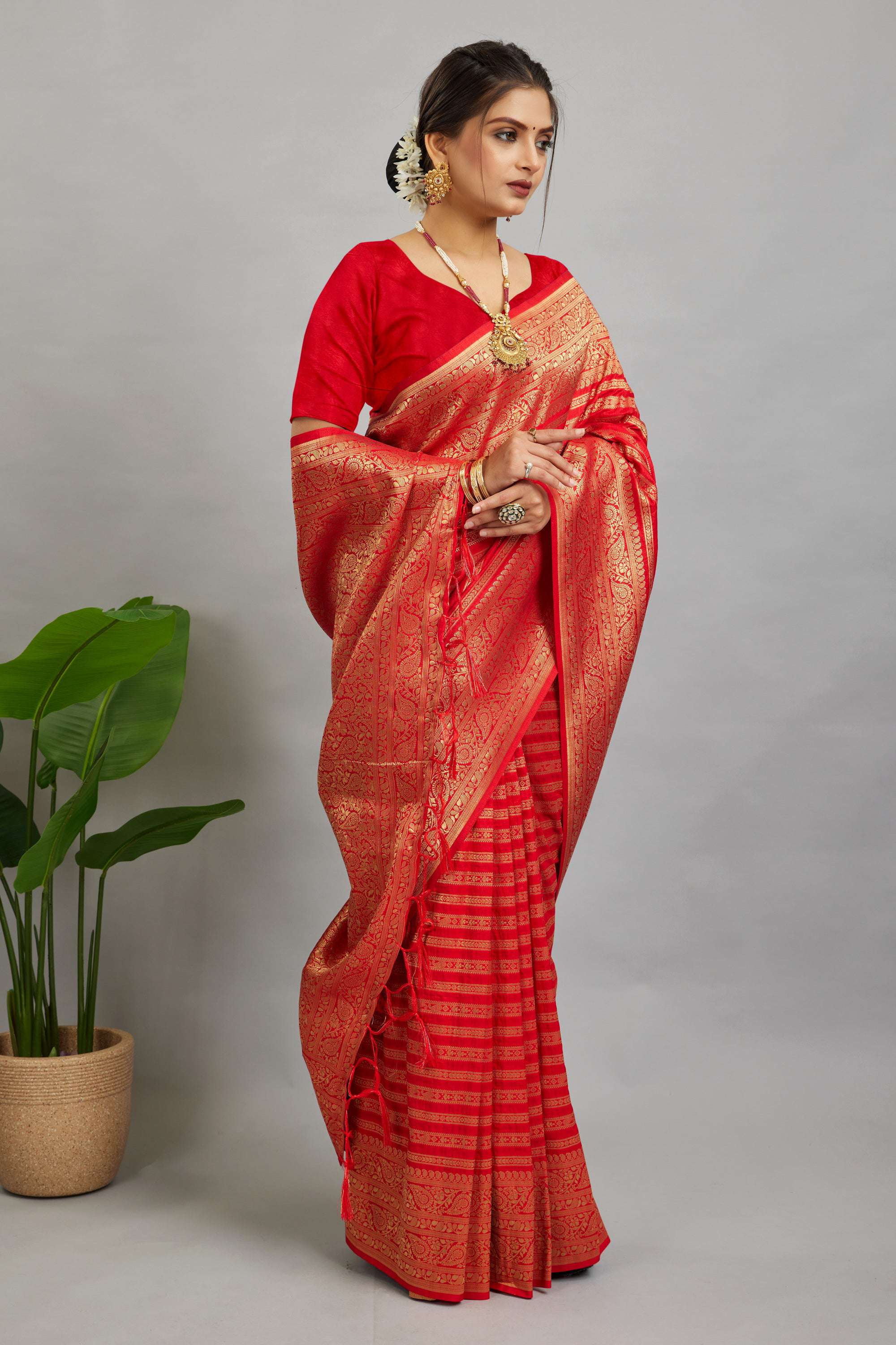 Red Woven Banarasi Khadi Silk Saree