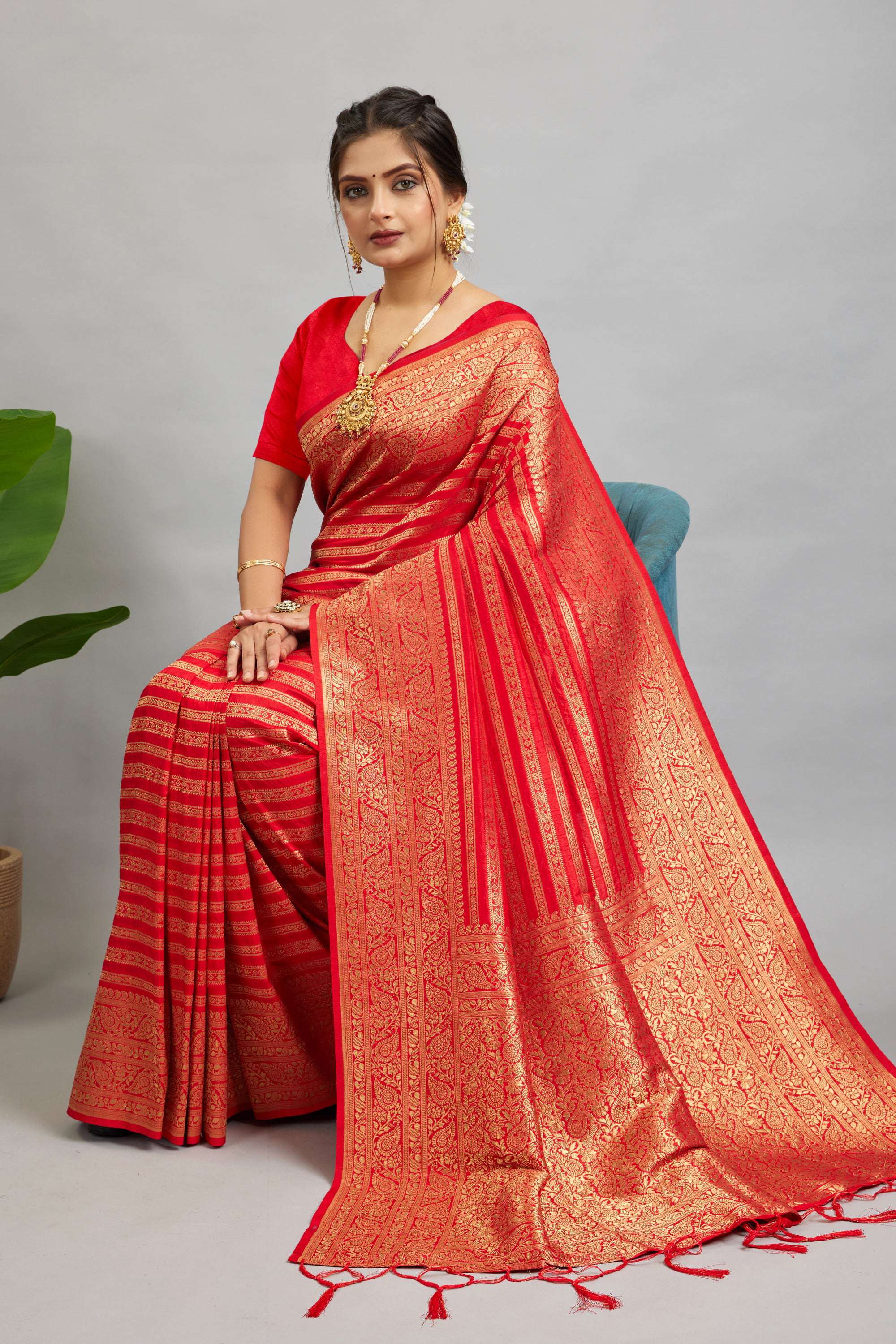 Red Woven Banarasi Khadi Silk Saree