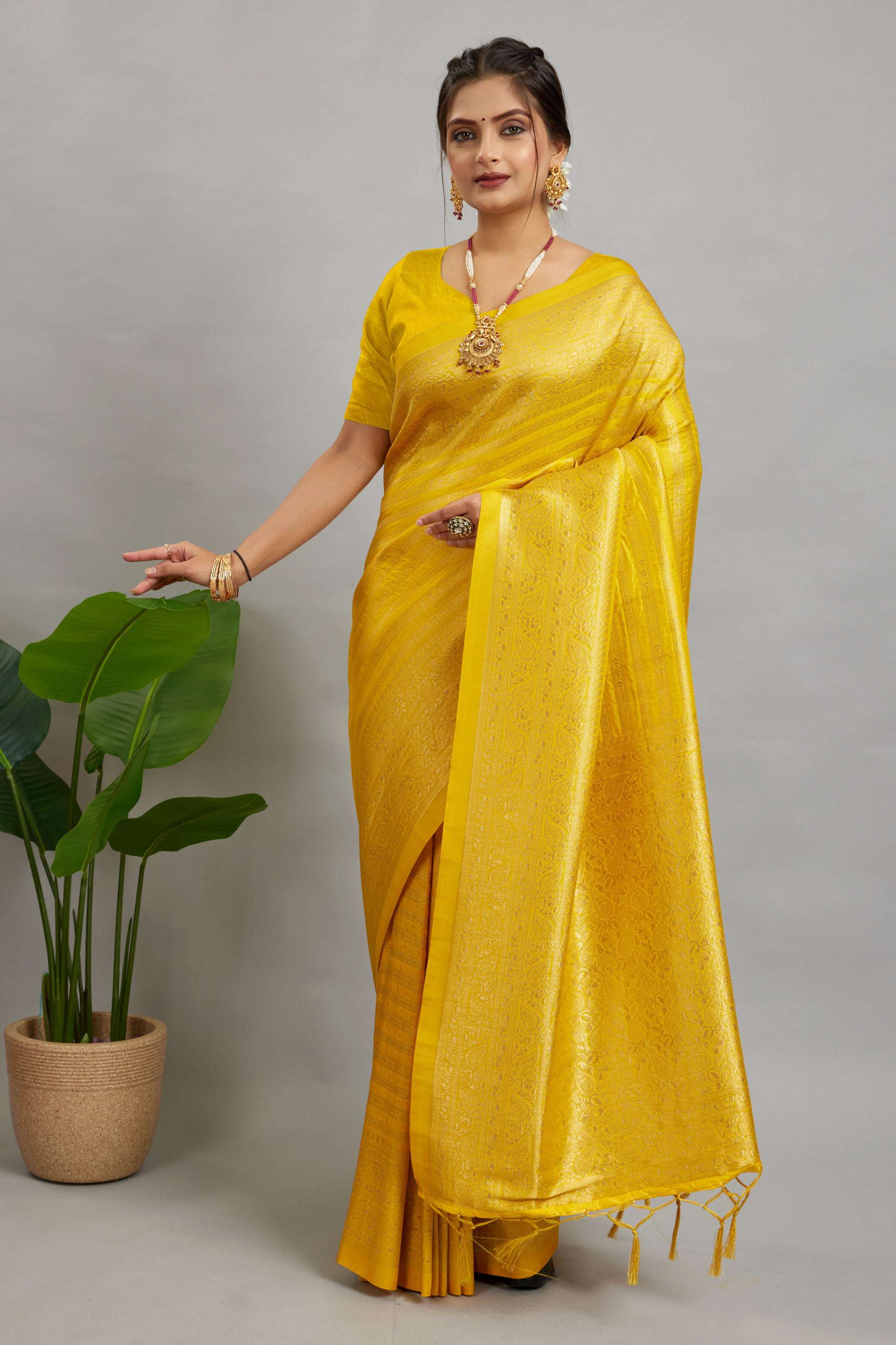 Yellow Woven Banarasi Khadi Silk Saree
