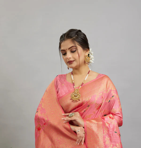 Baby Pink Pure Banarasi Khadi Silk Saree