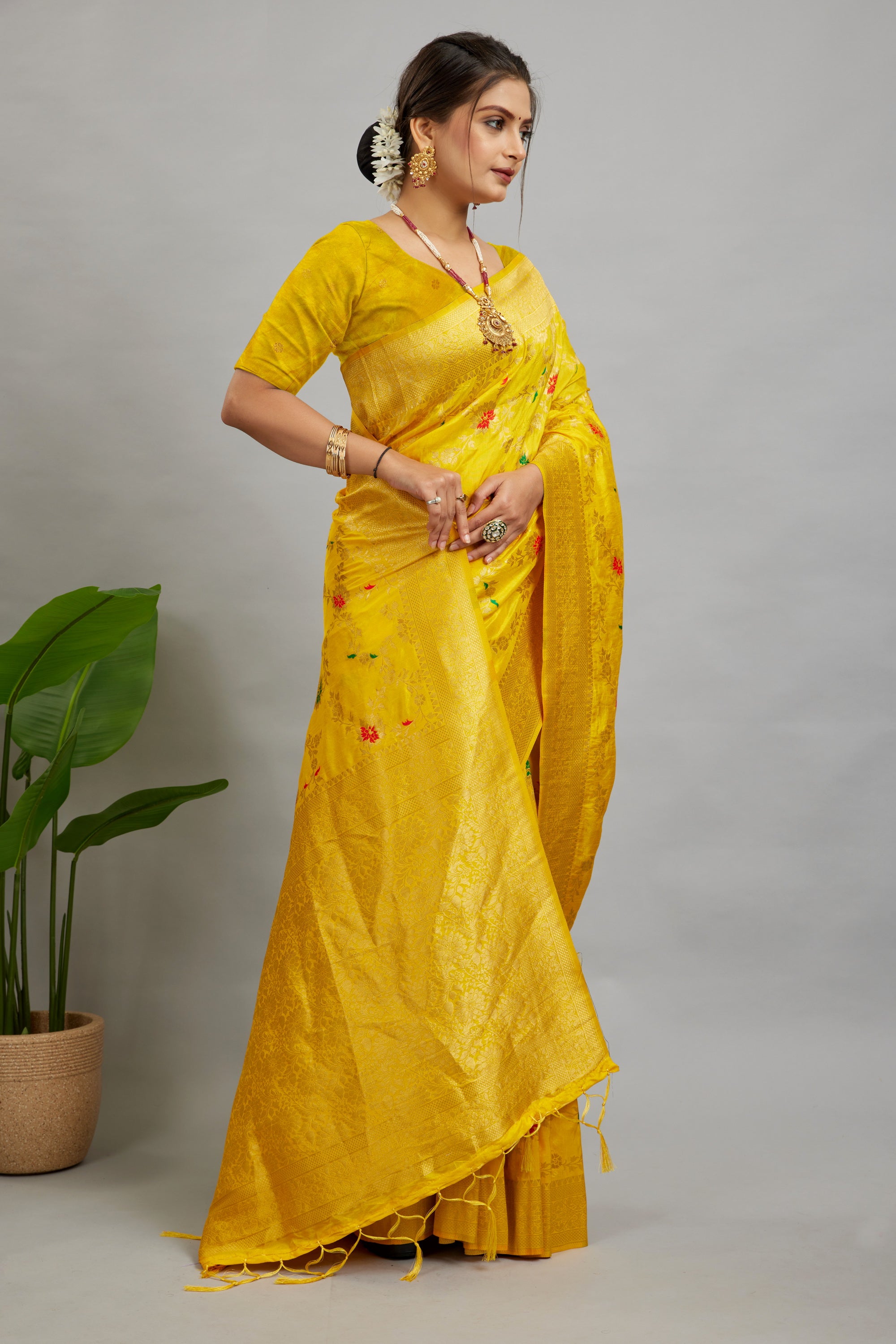 Yellow Pure Banarasi Khadi Silk Saree
