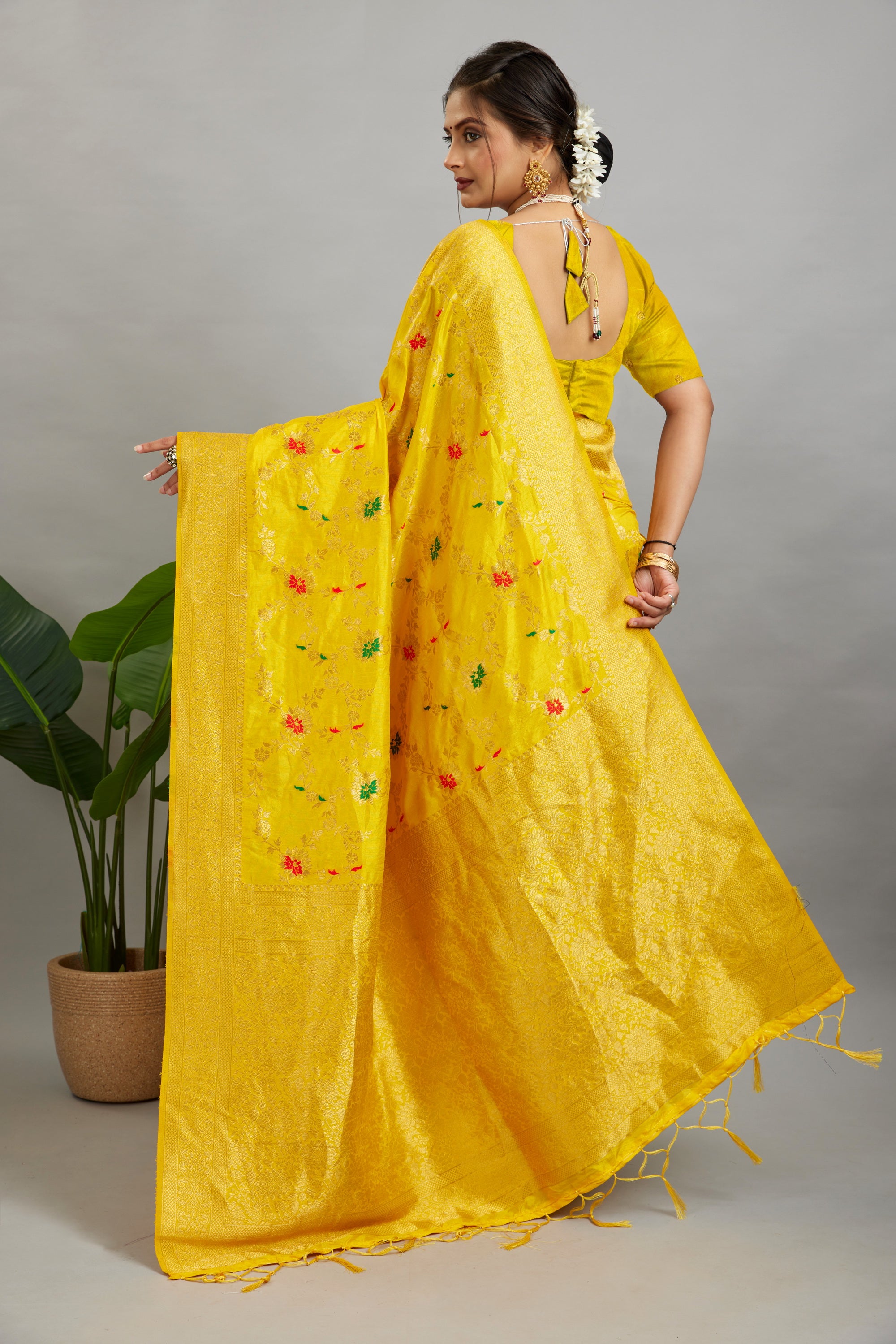 Yellow Pure Banarasi Khadi Silk Saree