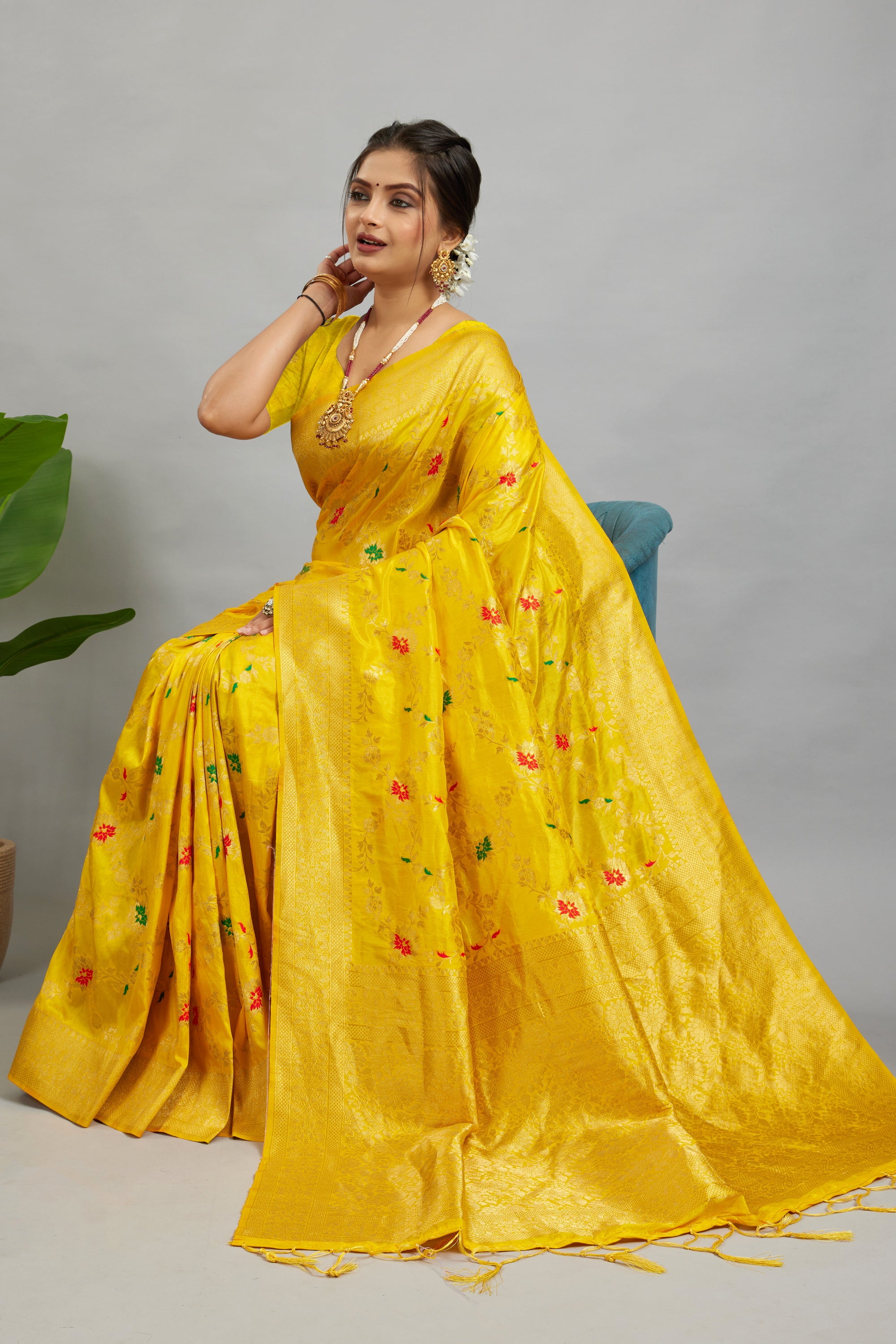 Yellow Pure Banarasi Khadi Silk Saree