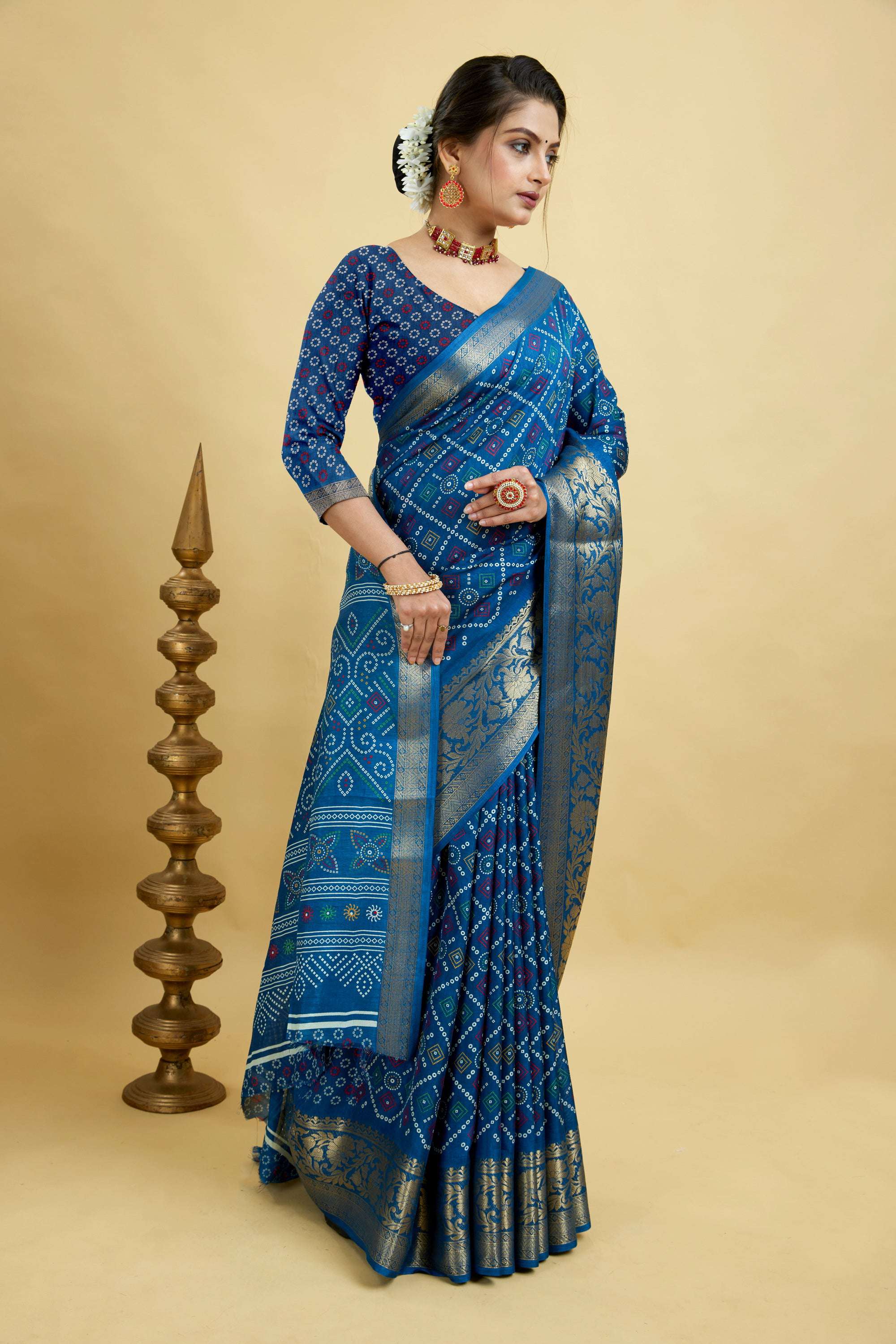 Blue Bandhani Print Soft Dola Cotton Kanjivaram Saree