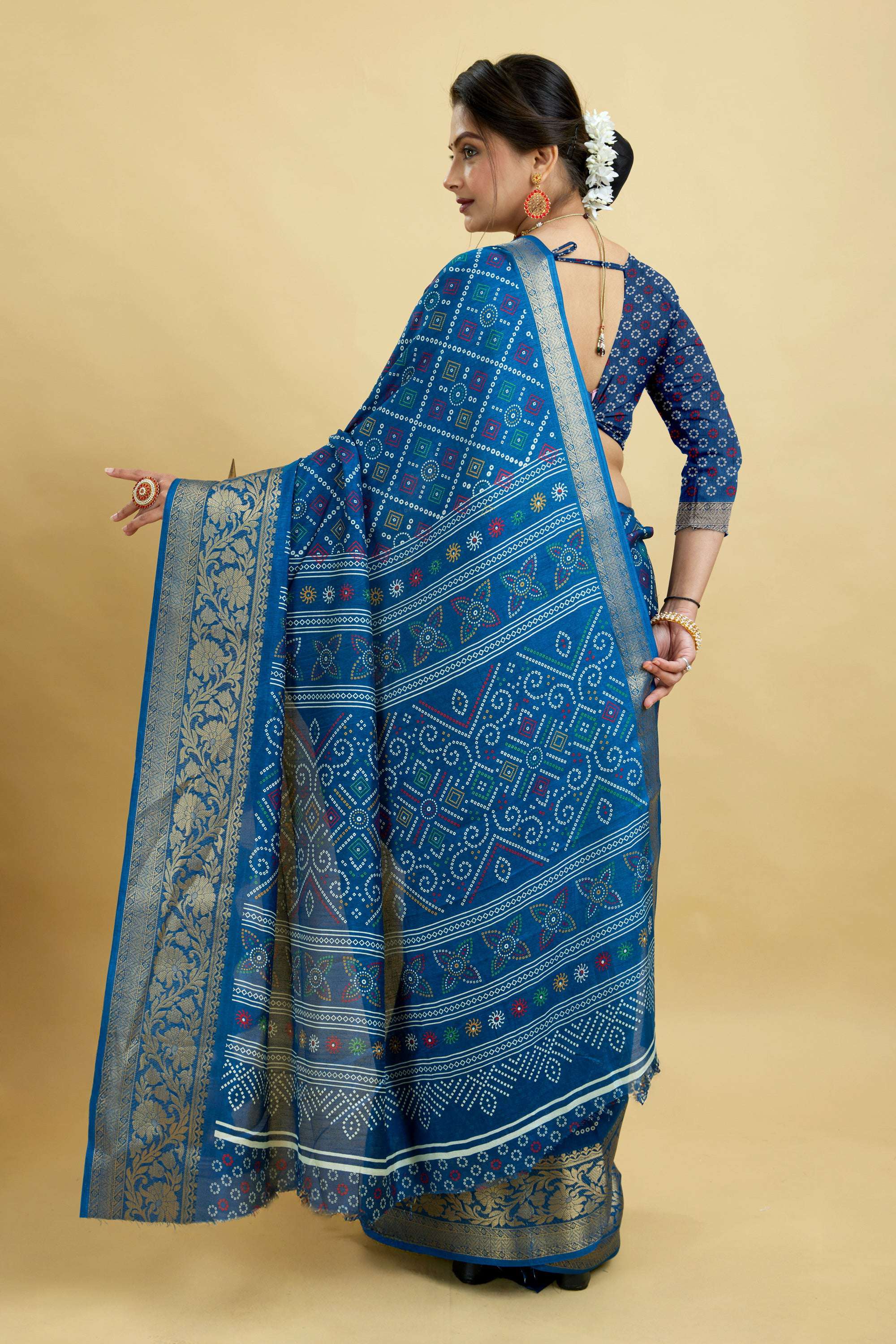 Blue Bandhani Print Soft Dola Cotton Kanjivaram Saree