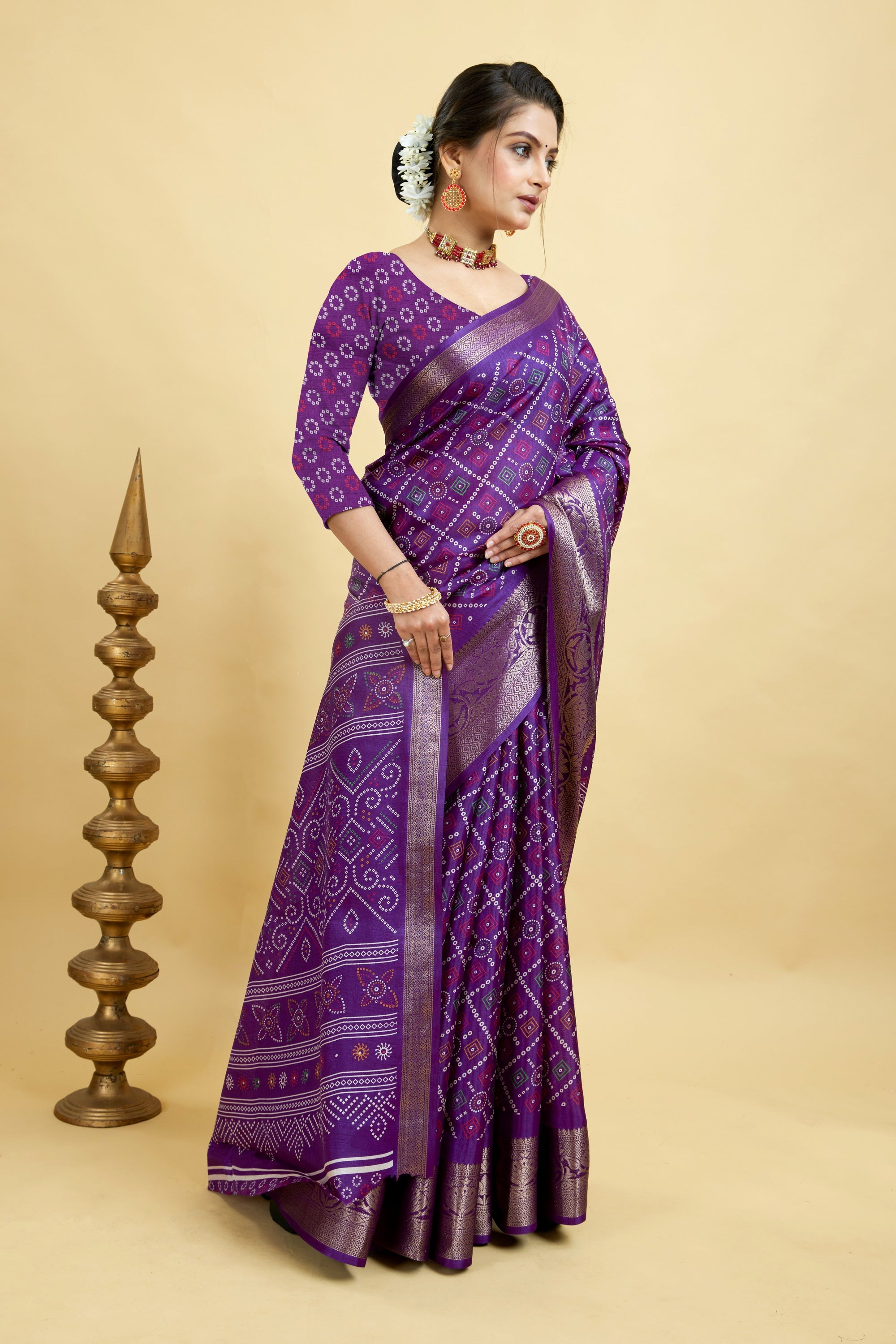 Purple Bandhani Print Soft Dola Cotton Kanjivaram Saree