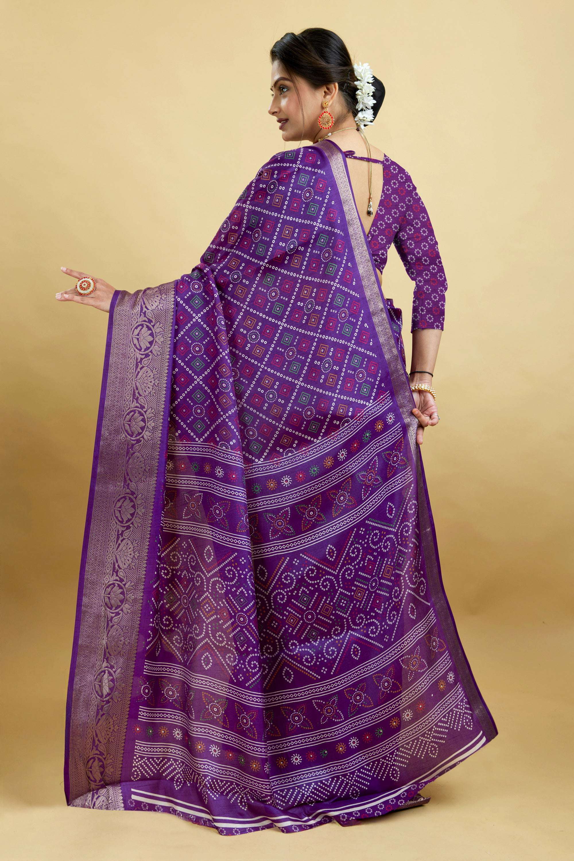 Purple Bandhani Print Soft Dola Cotton Kanjivaram Saree