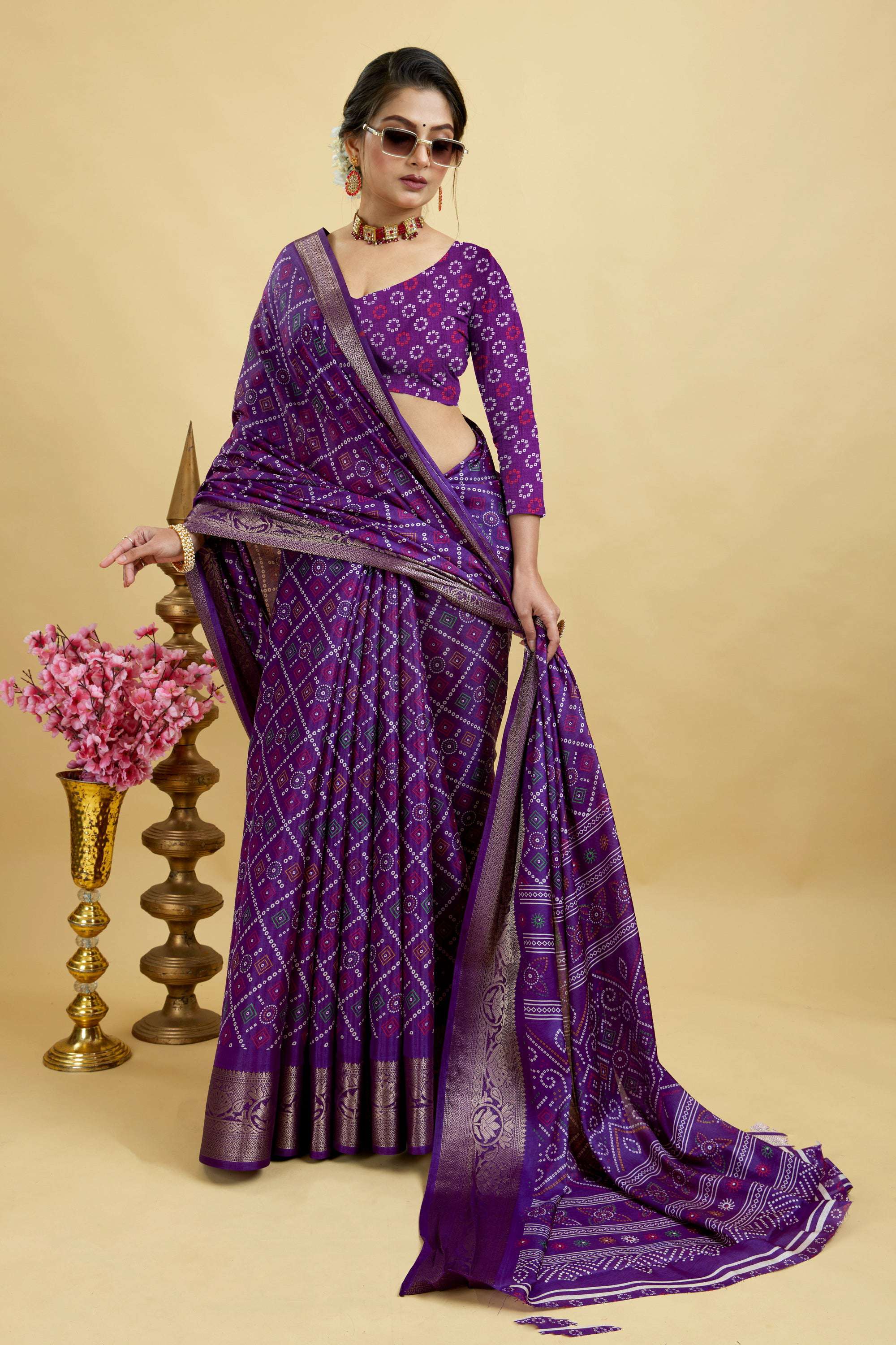 Purple Bandhani Print Soft Dola Cotton Kanjivaram Saree