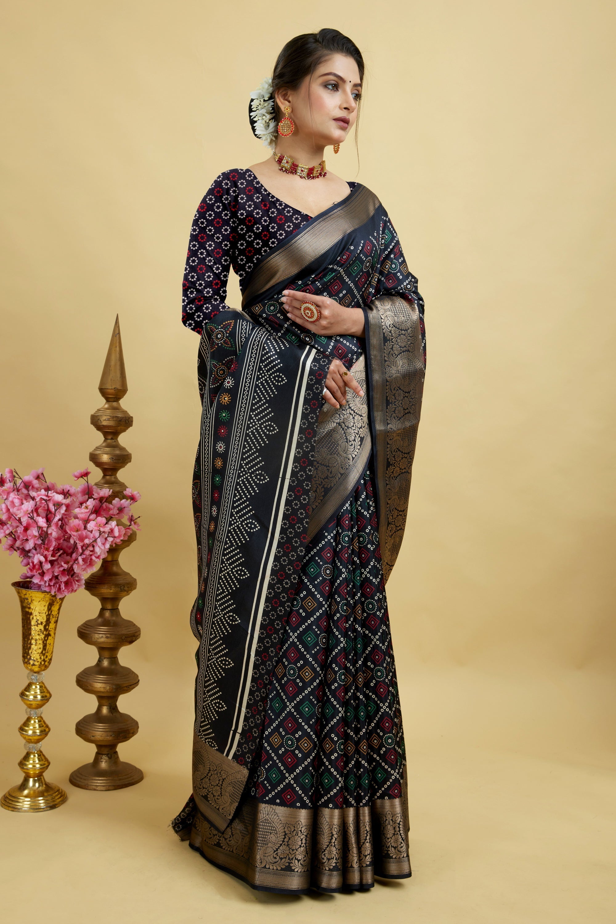 Black Bandhani Print Soft Dola Cotton Gharchola Saree