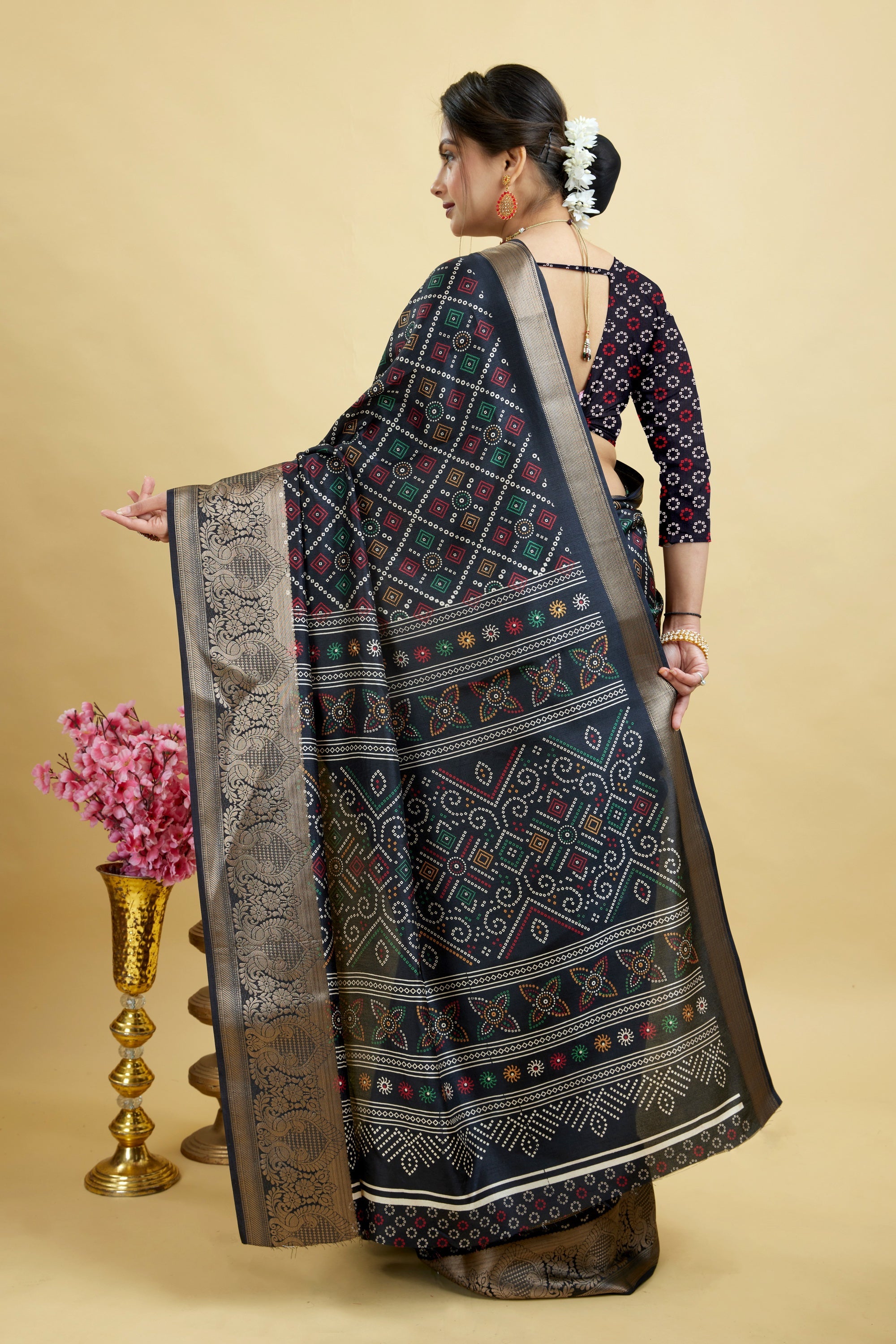 Black Bandhani Print Soft Dola Cotton Gharchola Saree