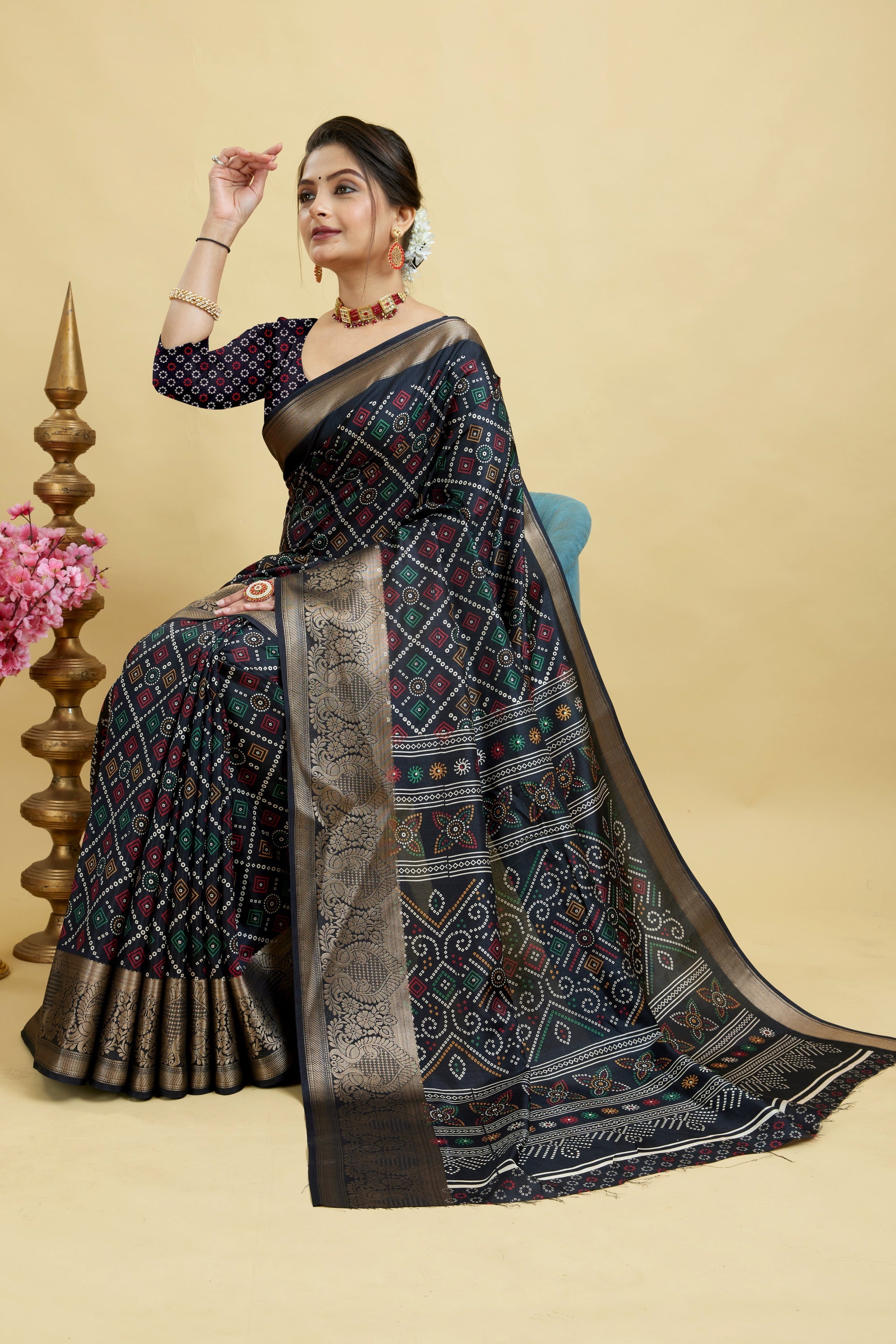 Black Bandhani Print Soft Dola Cotton Gharchola Saree