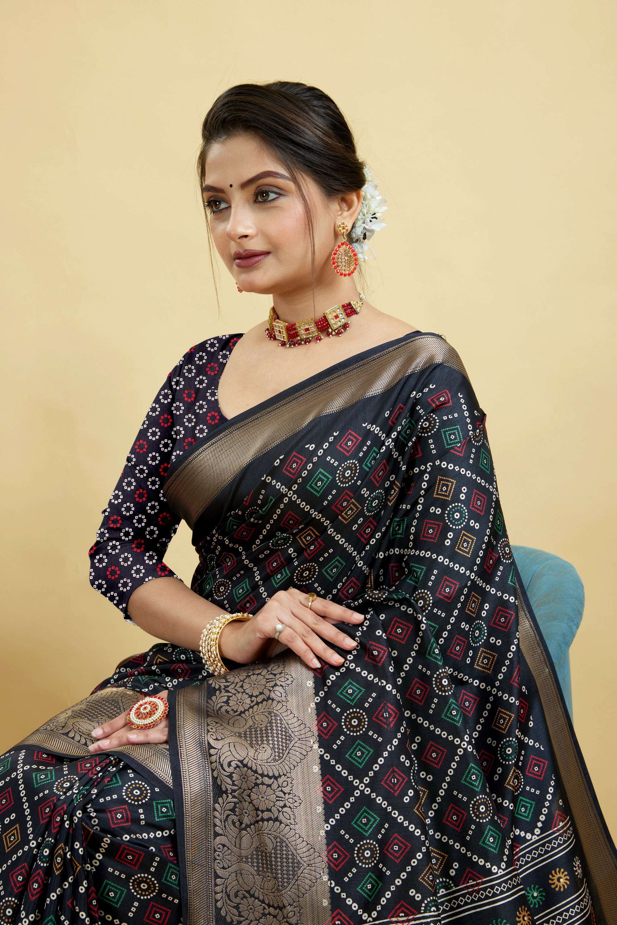 Black Bandhani Print Soft Dola Cotton Kanjivaram Saree