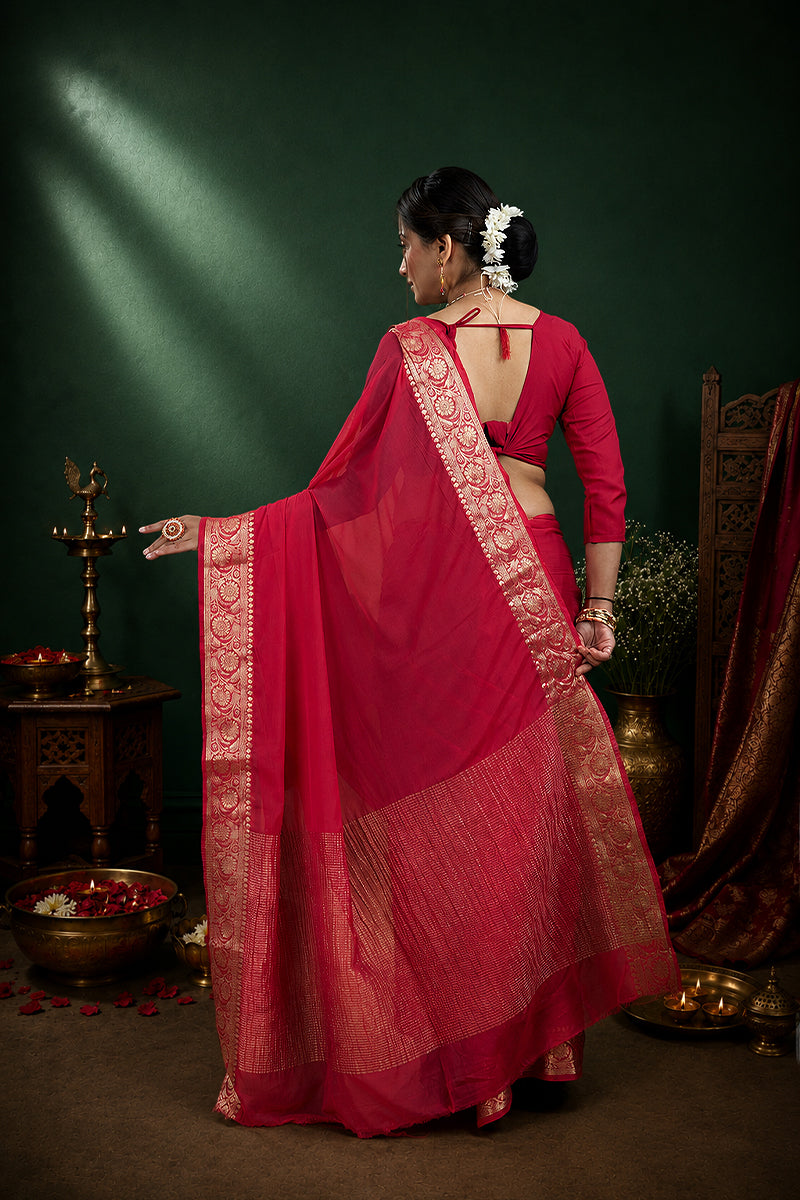 Red Woven Chinnon Silk Saree