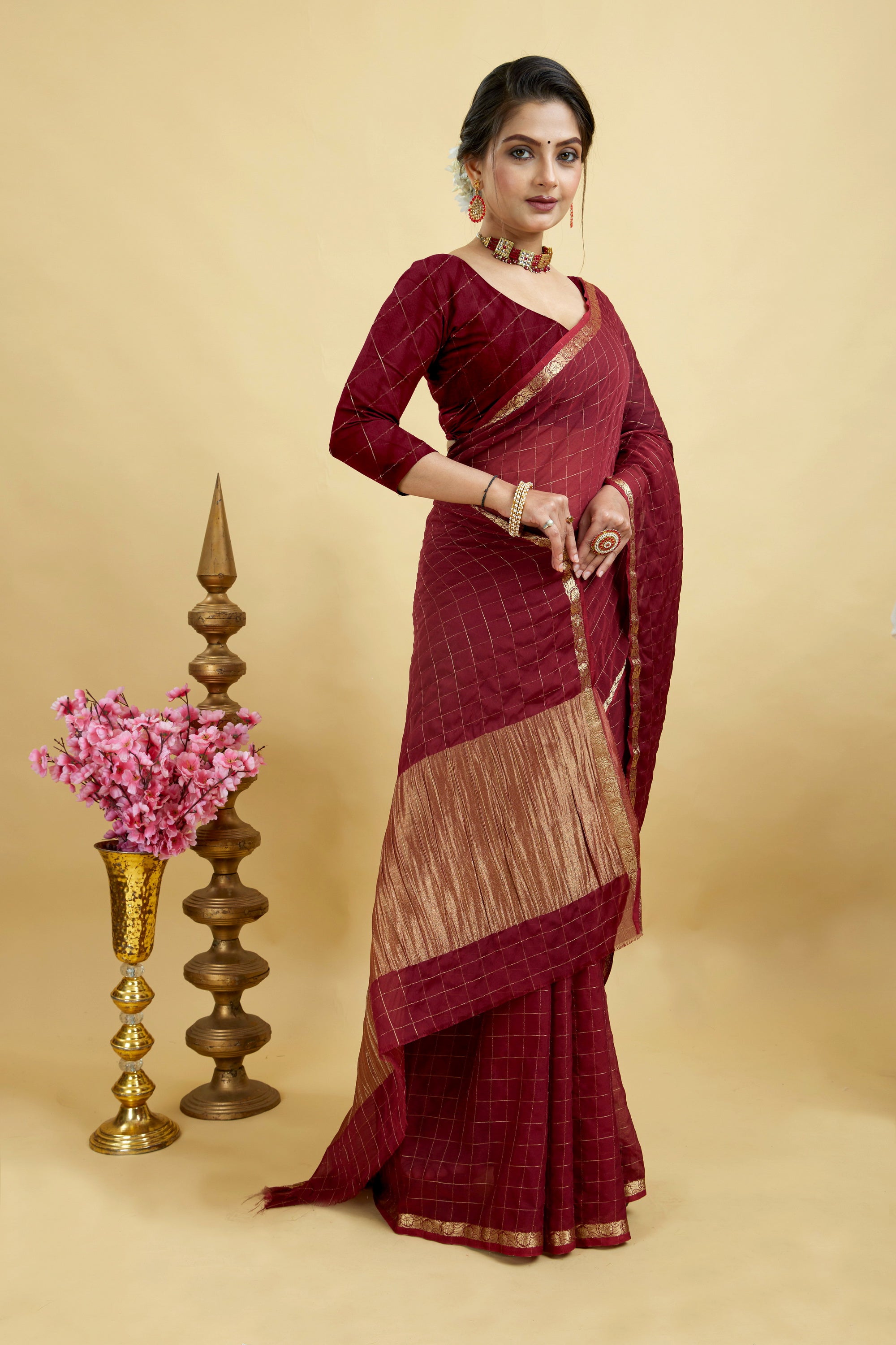 Red Woven Zari Border Viscose Chinnon Silk Saree