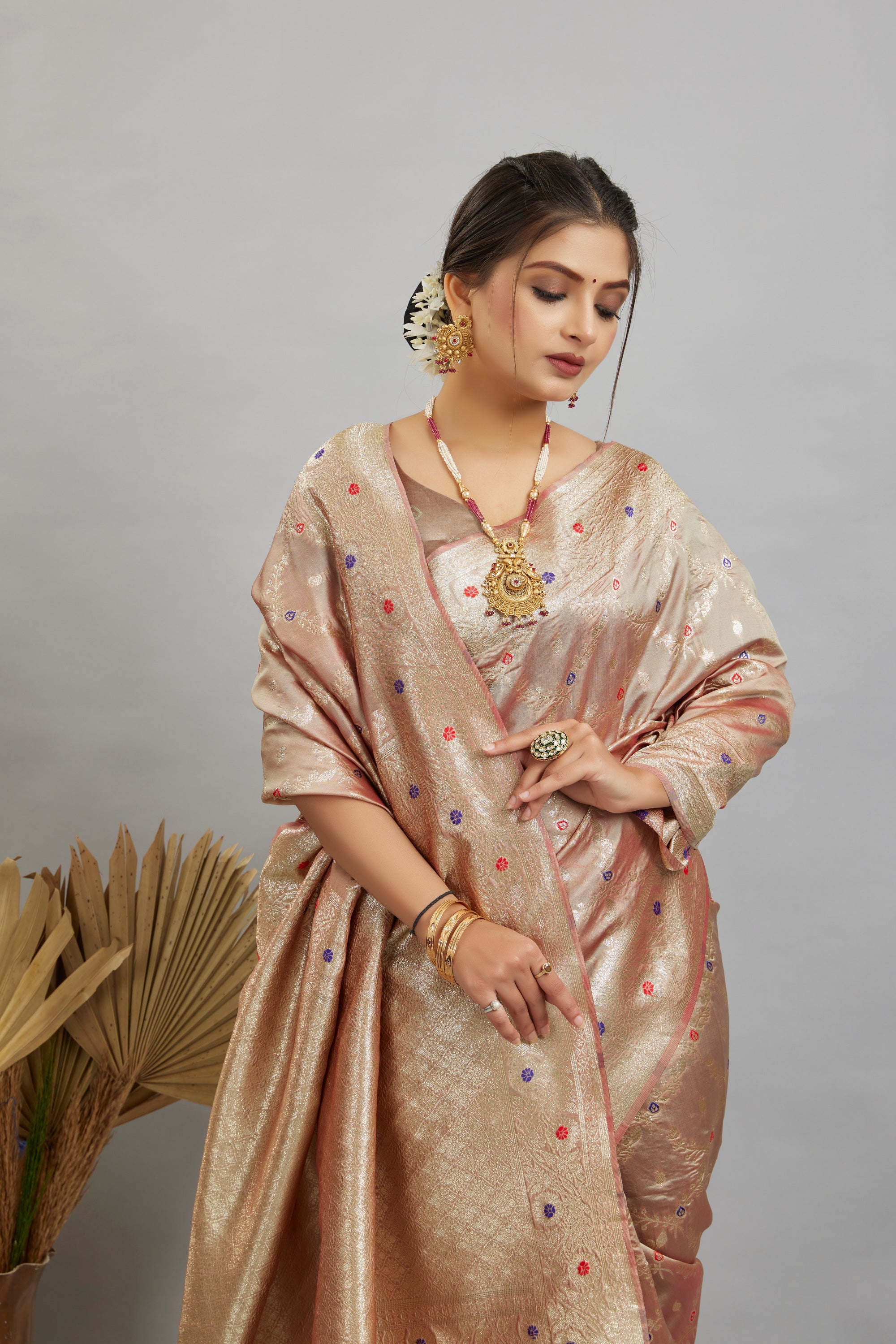 Beige Woven Banarasi Silk Saree