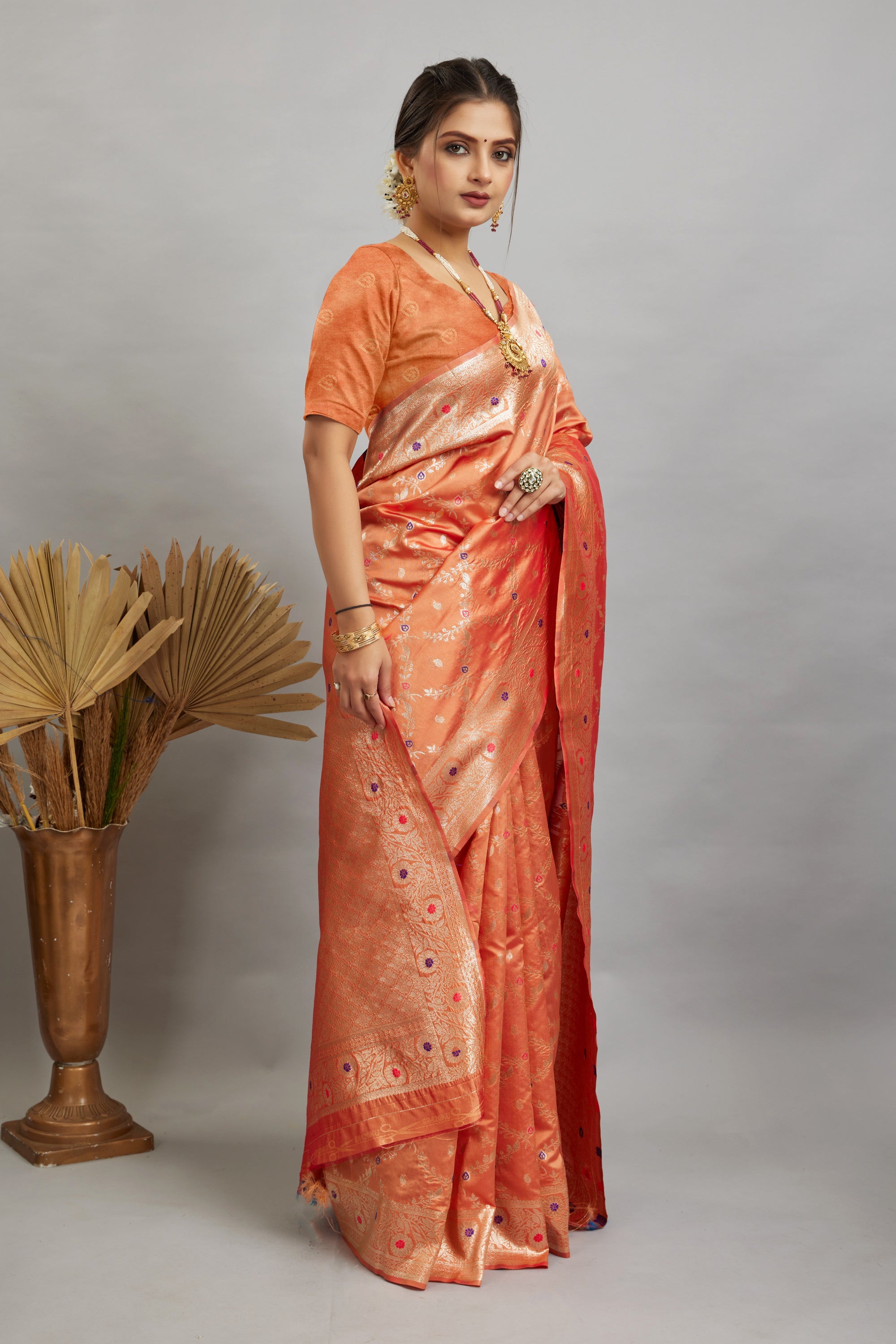 Peach Woven Banarasi Silk Saree