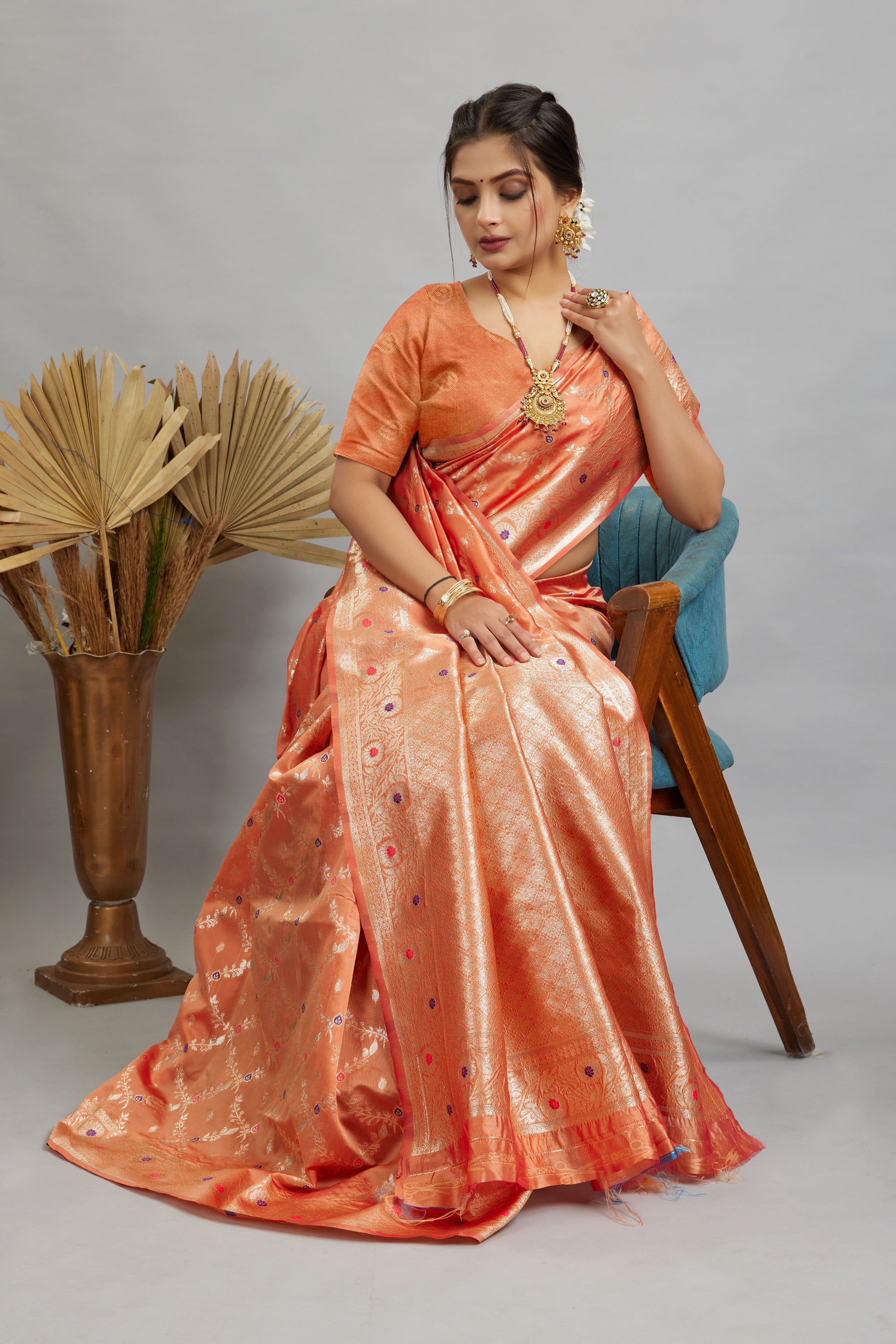 Peach Woven Banarasi Silk Saree
