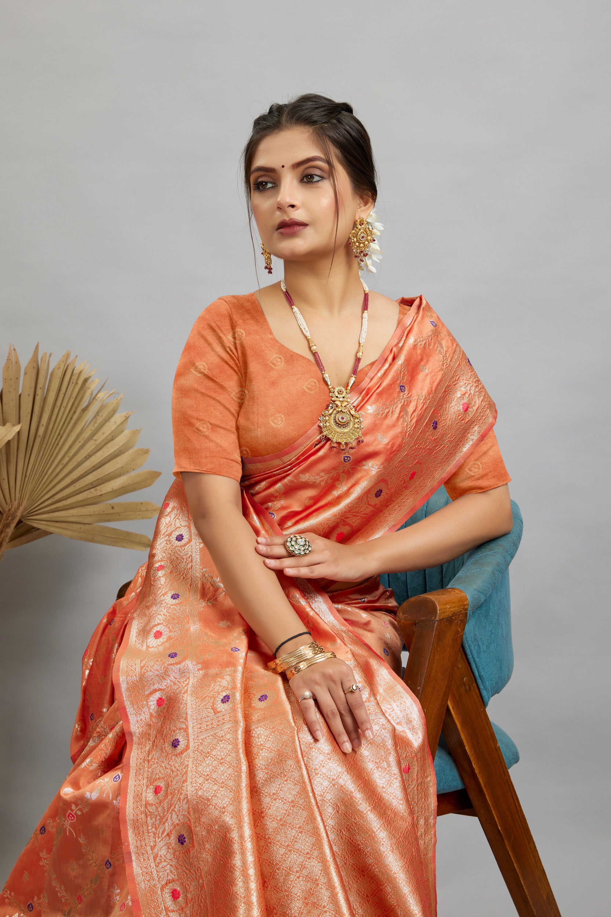 Peach Woven Banarasi Silk Saree