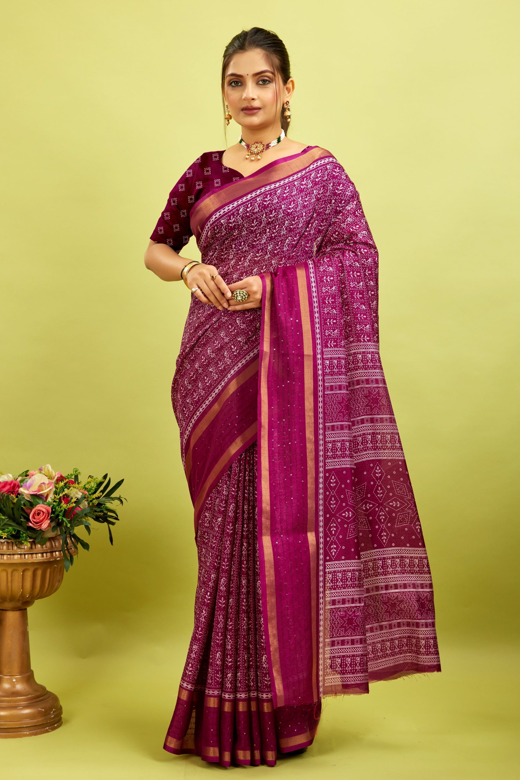 Purple Kalamkari Printed Cotton Silk Saree