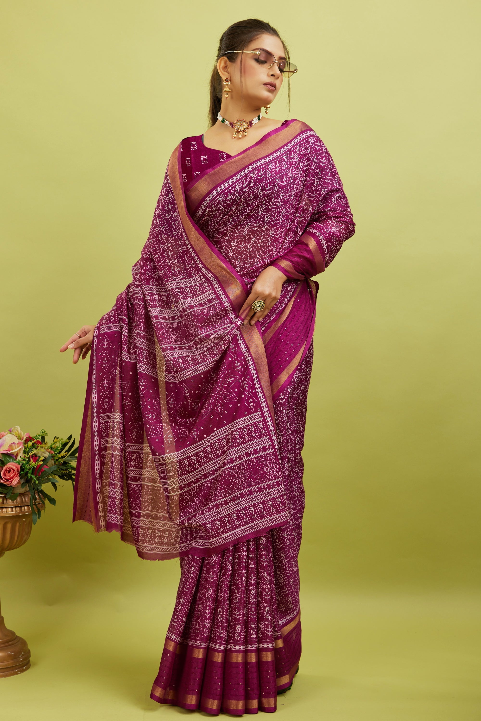 Purple Kalamkari Printed Cotton Silk Saree