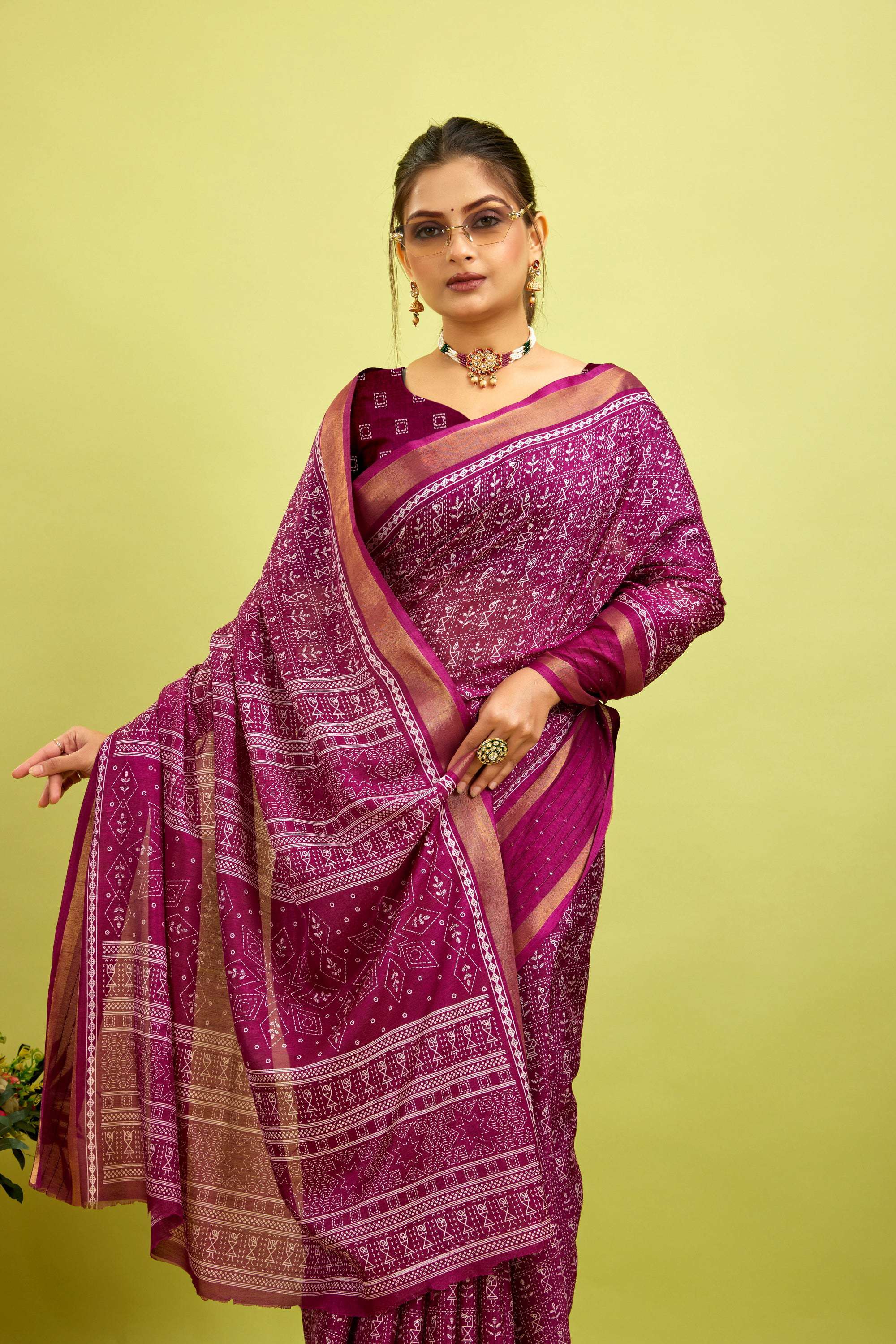 Purple Kalamkari Printed Cotton Silk Saree