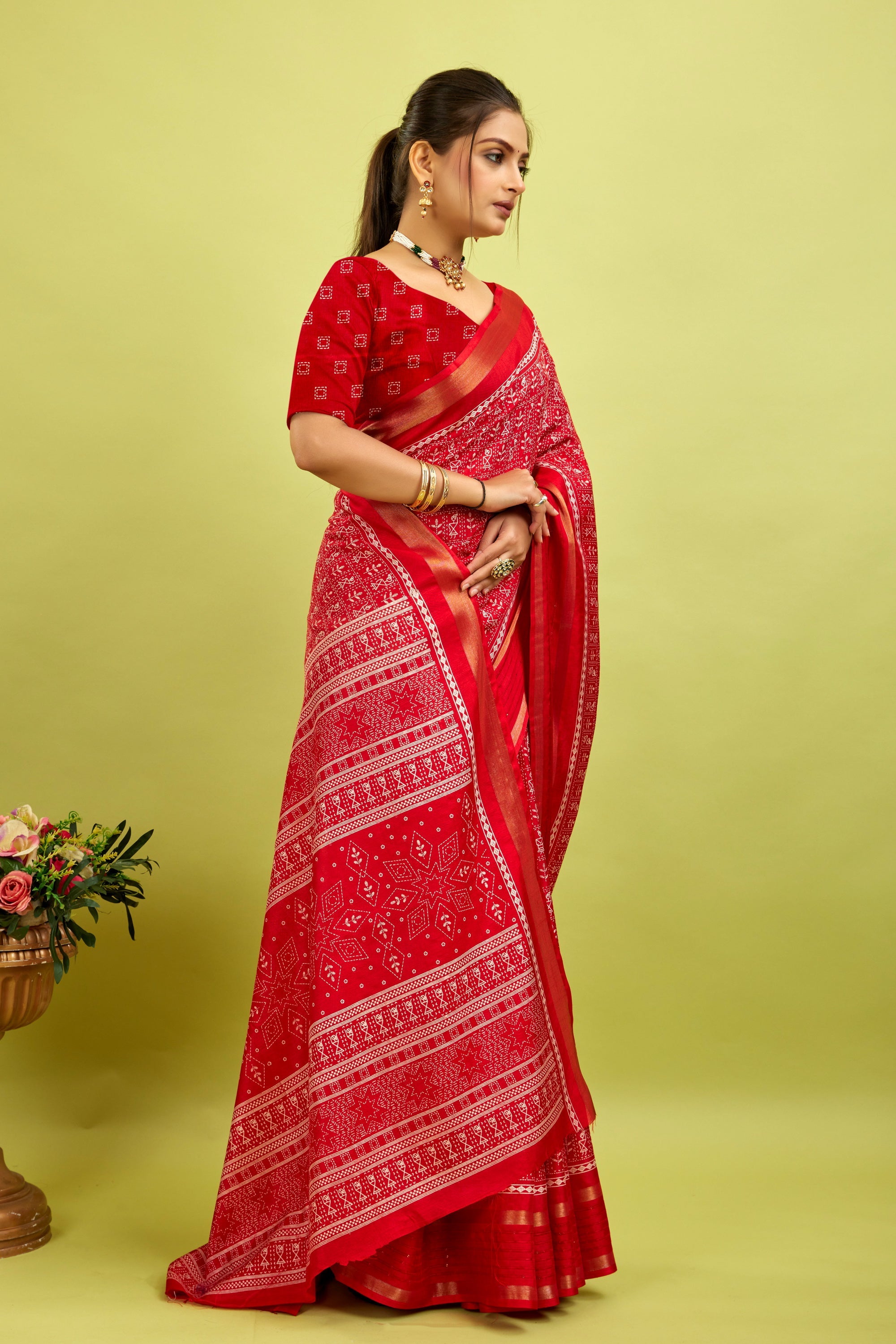 Red Kalamkari Printed Cotton Silk Saree