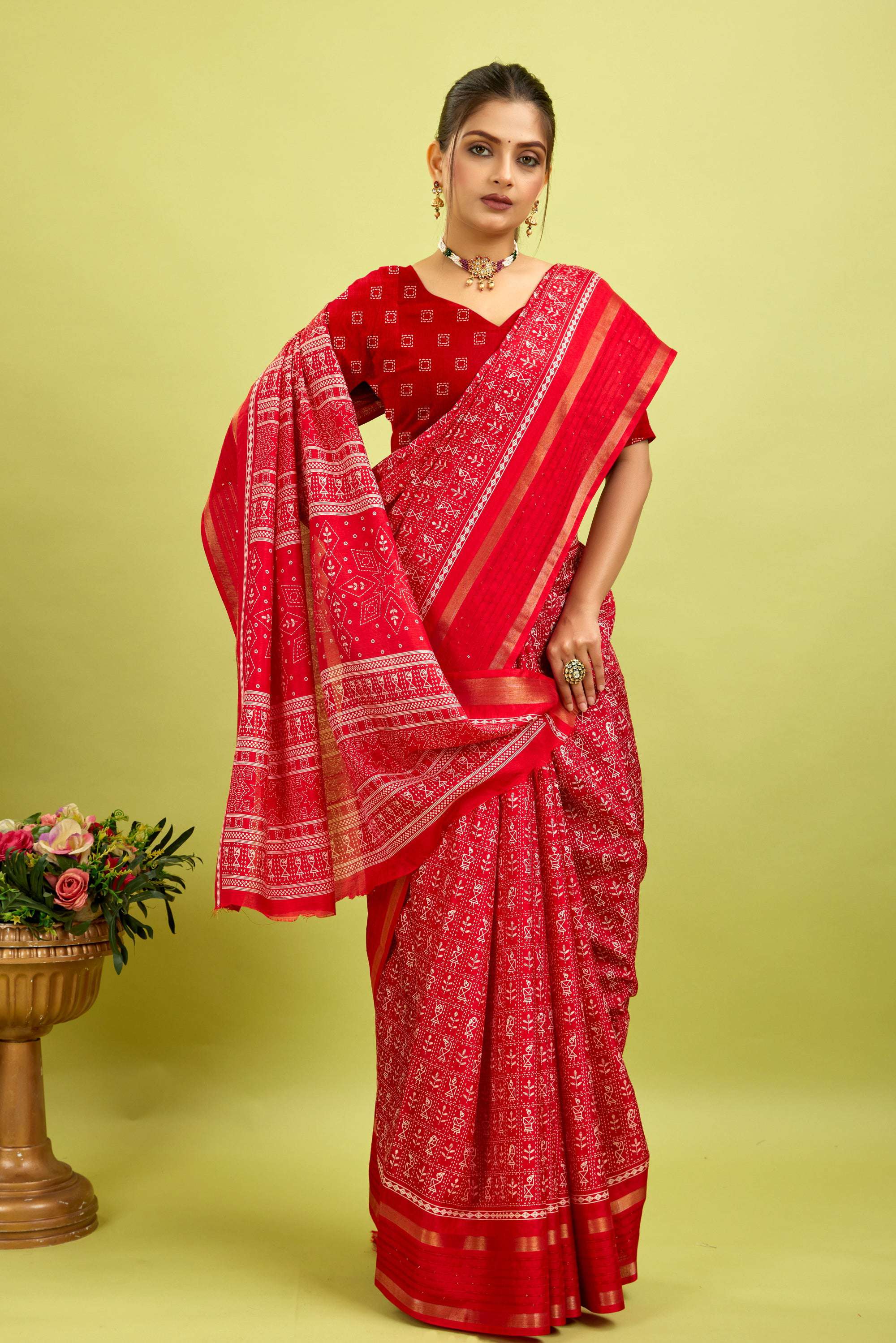 Red Kalamkari Printed Cotton Silk Saree